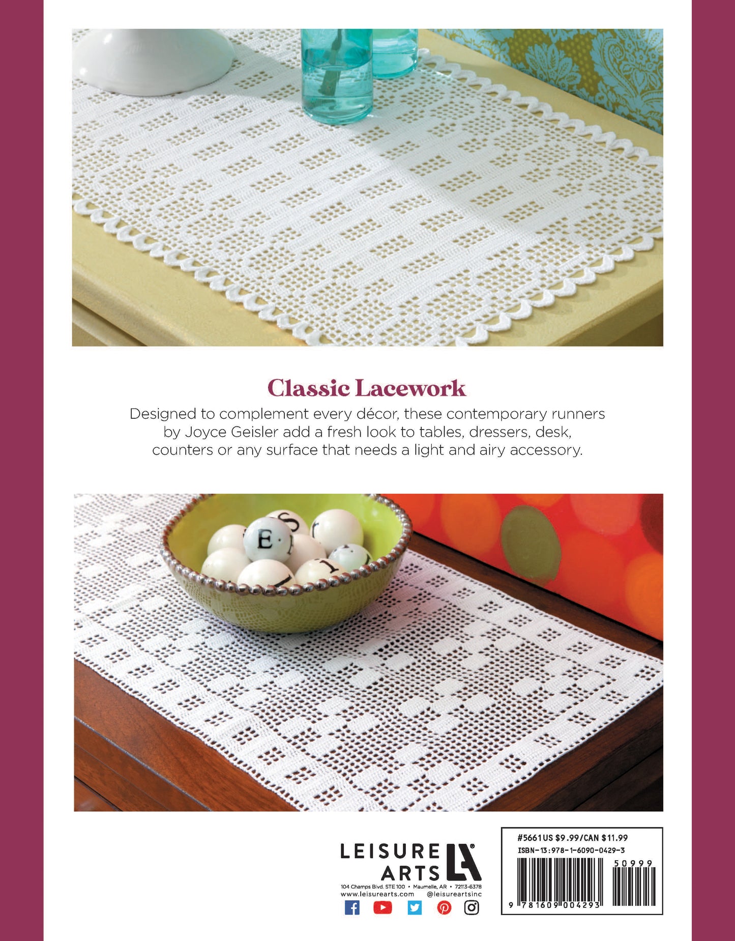 The Filet Table Runners Digital Download by Leisure Arts features a geometric square lace design, shown on a table under a vase and glass, and on another surface with a green bowl of billiard balls. Background is bordered in burgundy.