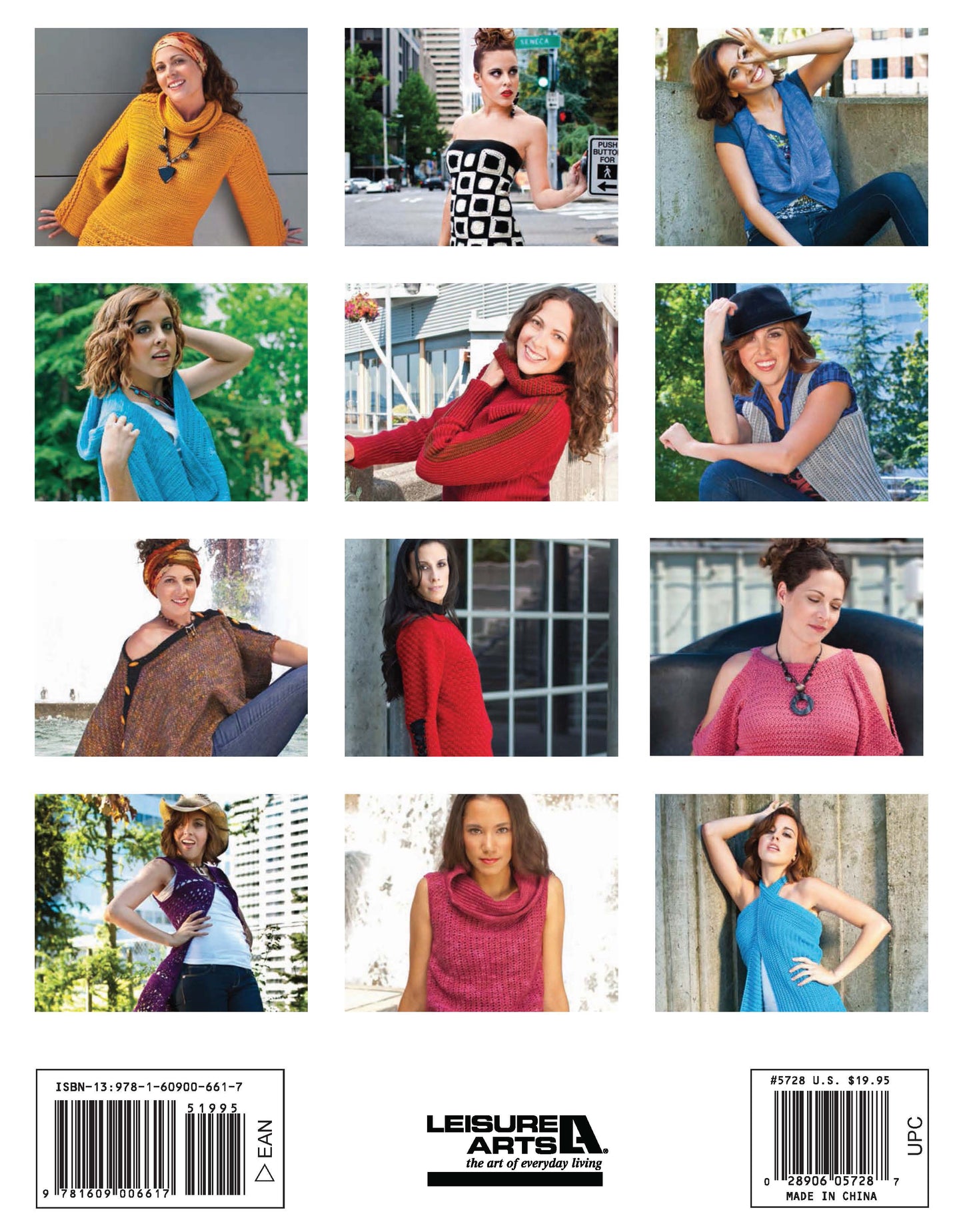 A 3x4 grid of women outdoors modeling colorful crochet designs from "Crochet Urban Edge Fashion" by Leisure Arts, featuring intermediate patterns and accessories, with barcodes and the Leisure Arts logo below.
