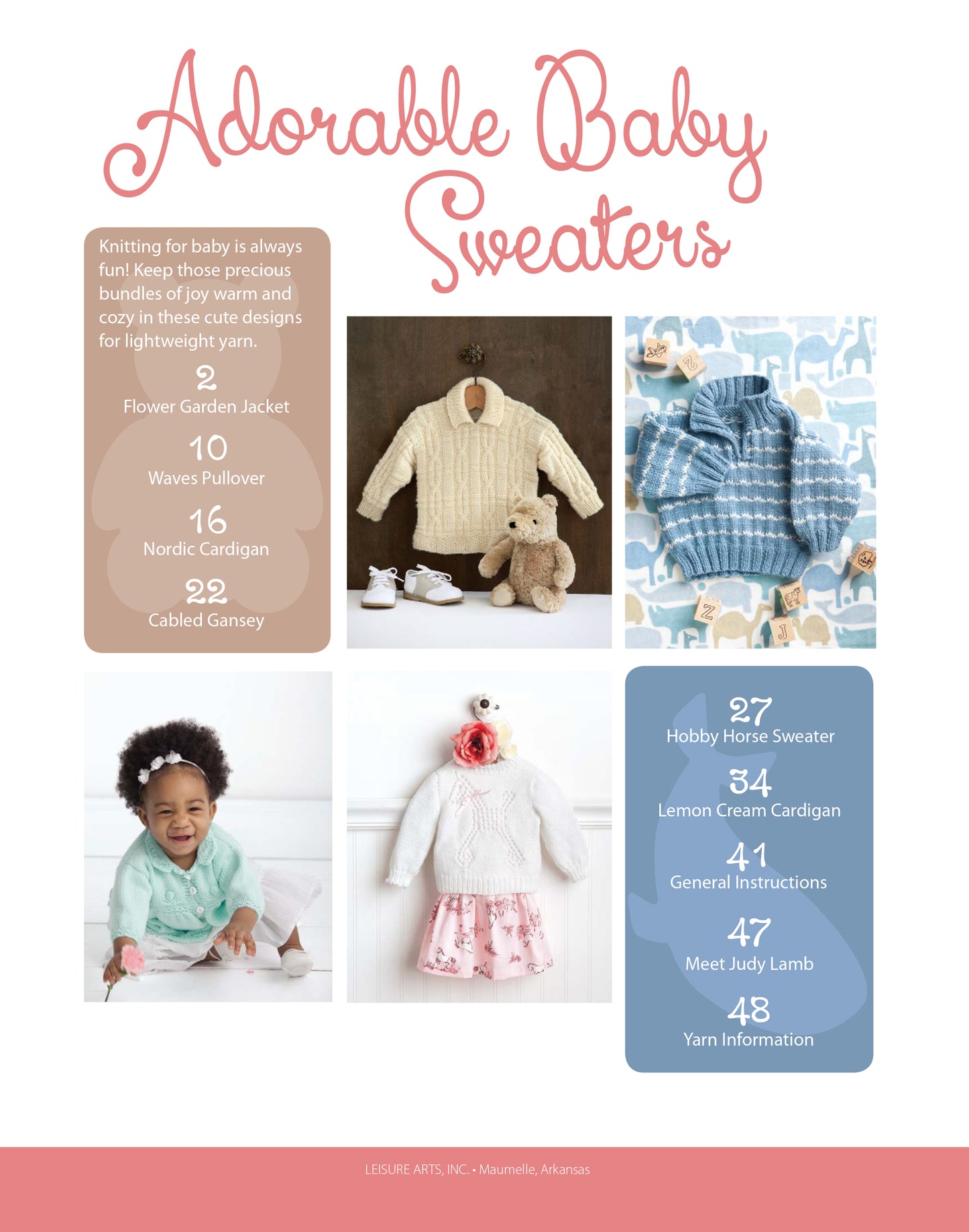 The Adorable Baby Sweaters Digital Download from Leisure Arts features adorable baby sweater photos, a baby model, and a table of contents listing easy knit projects, a hobby horse, and yarn info—all in a soft, playful design.