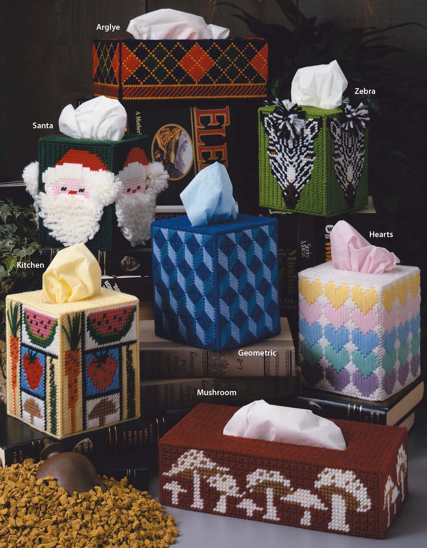 Top-Notch Tissue Box Covers Digital Download by Leisure Arts features six beginner-friendly designs—argyle, Santa, zebra, kitchen motif, blue geometric, pastel hearts, and mushrooms—made with easy plastic canvas patterns for your tissue boxes.