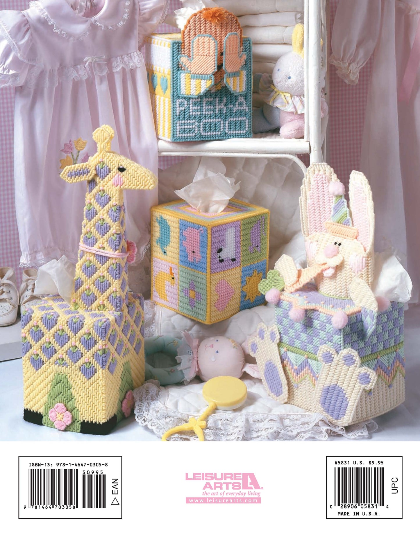 Discover adorable Friends for Baby in Plastic Canvas from Leisure Arts—digital patterns for giraffe and animal-themed tissue box covers, a bunny rocker, and a peekaboo tote bag. Perfect baby gifts or shower favors!.