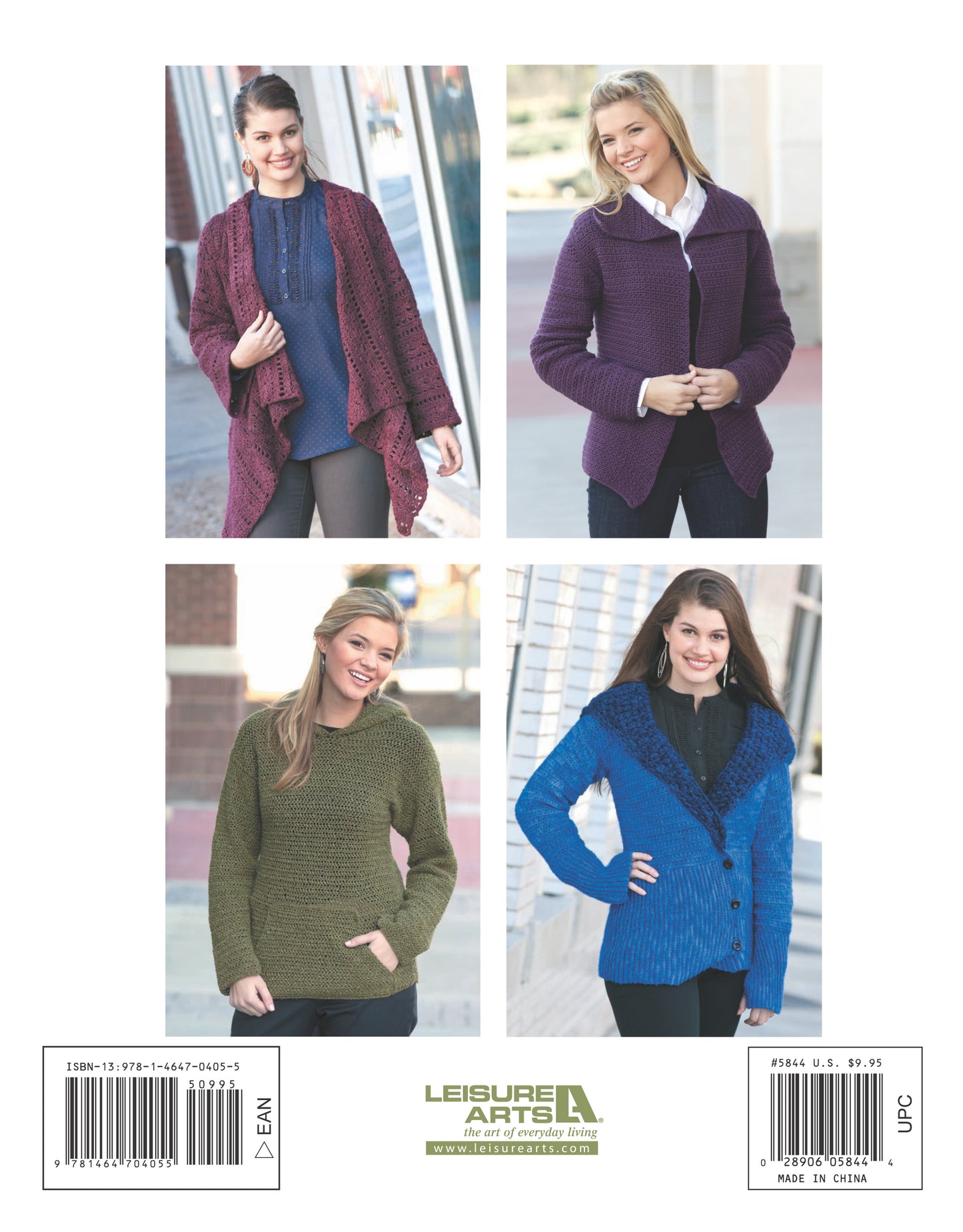 Four women wear Cool Weather Fashions crochet jackets by Leisure Arts: maroon (top left), purple (top right), olive green (bottom left), and blue with a dark collar (bottom right). All stand smiling outdoors against a light background.