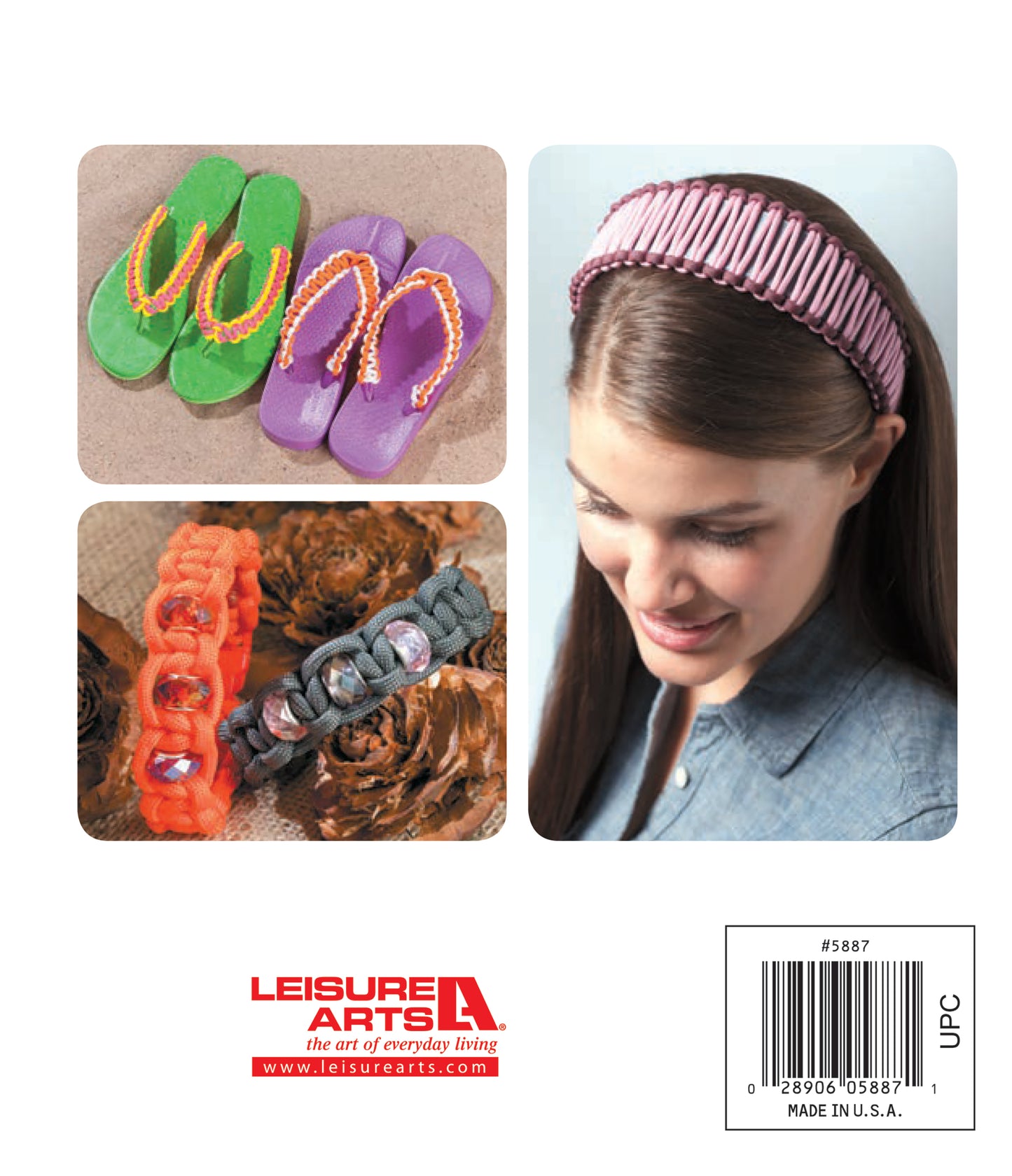 Three images: green and purple DIY Jewelry Paracord flip-flops, two easy paracord bead bracelets, and a woman in a pink paracord headband. Leisure Arts logo and barcode appear at the bottom.