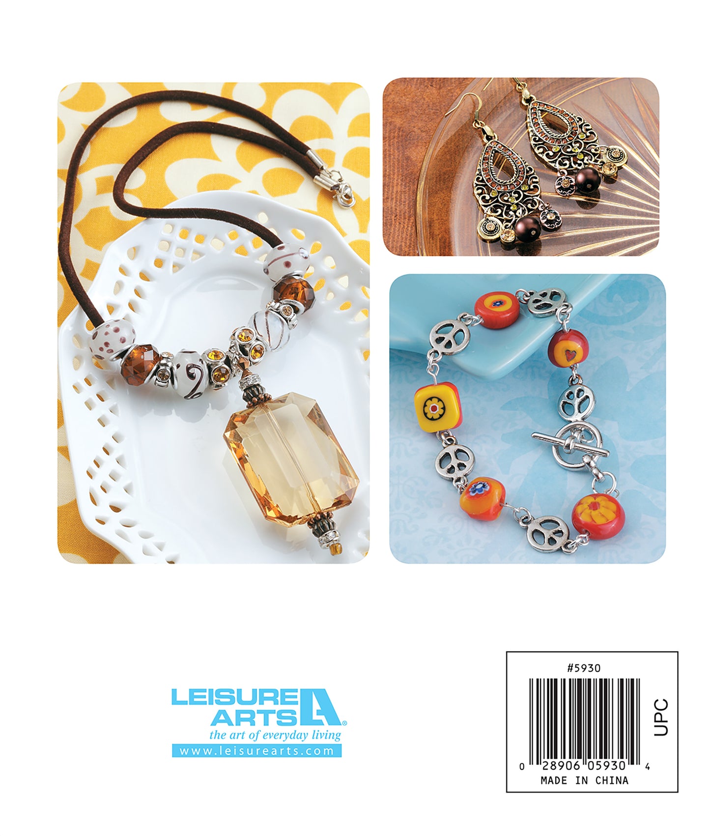 DIY Jewelry Learn the Basics by Leisure Arts features three beginner projects: a crystal pendant necklace, ornate gold beaded earrings, and a silver bracelet with orange-yellow beads—all on a white background. Perfect for easy DIY fun!.