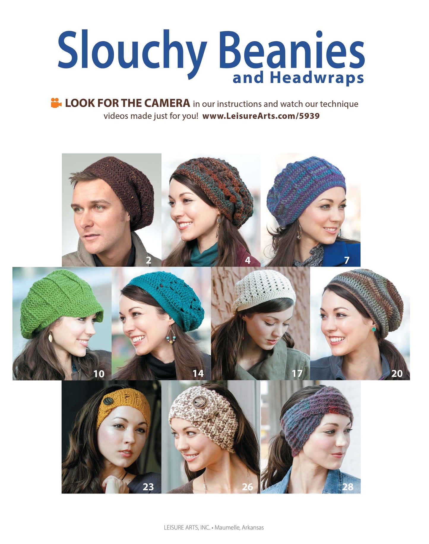 A collage of models in vibrant Slouchy Beanies and Headwraps by Leisure Arts, with the product title at the top and a website link for beginner crochet designs and adult hat pattern instructions.