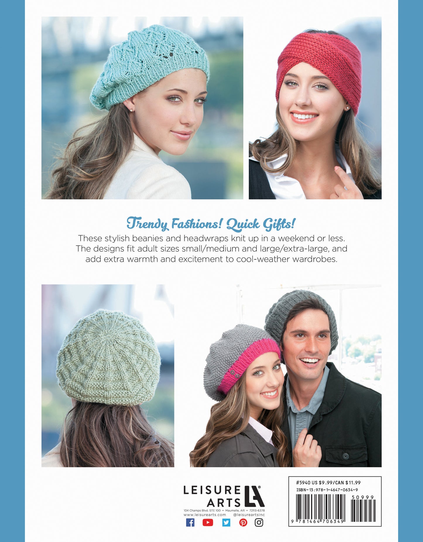 Four models feature the Slouchy Beanies and Headwraps Digital Download by Leisure Arts, with stylish knit winter accessories in blue, red, green, gray, and pink—quick projects to keep your cold-weather wardrobe cozy and chic.