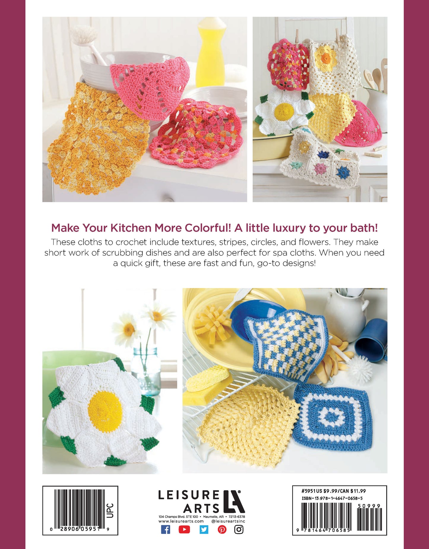 Leisure Arts’ Dishcloths—A Super Collection for Home or Gifts! Digital Download features colorful crocheted designs like flowers and squares, shown displayed on a kitchen counter and hanging as bright accents against white tiles.