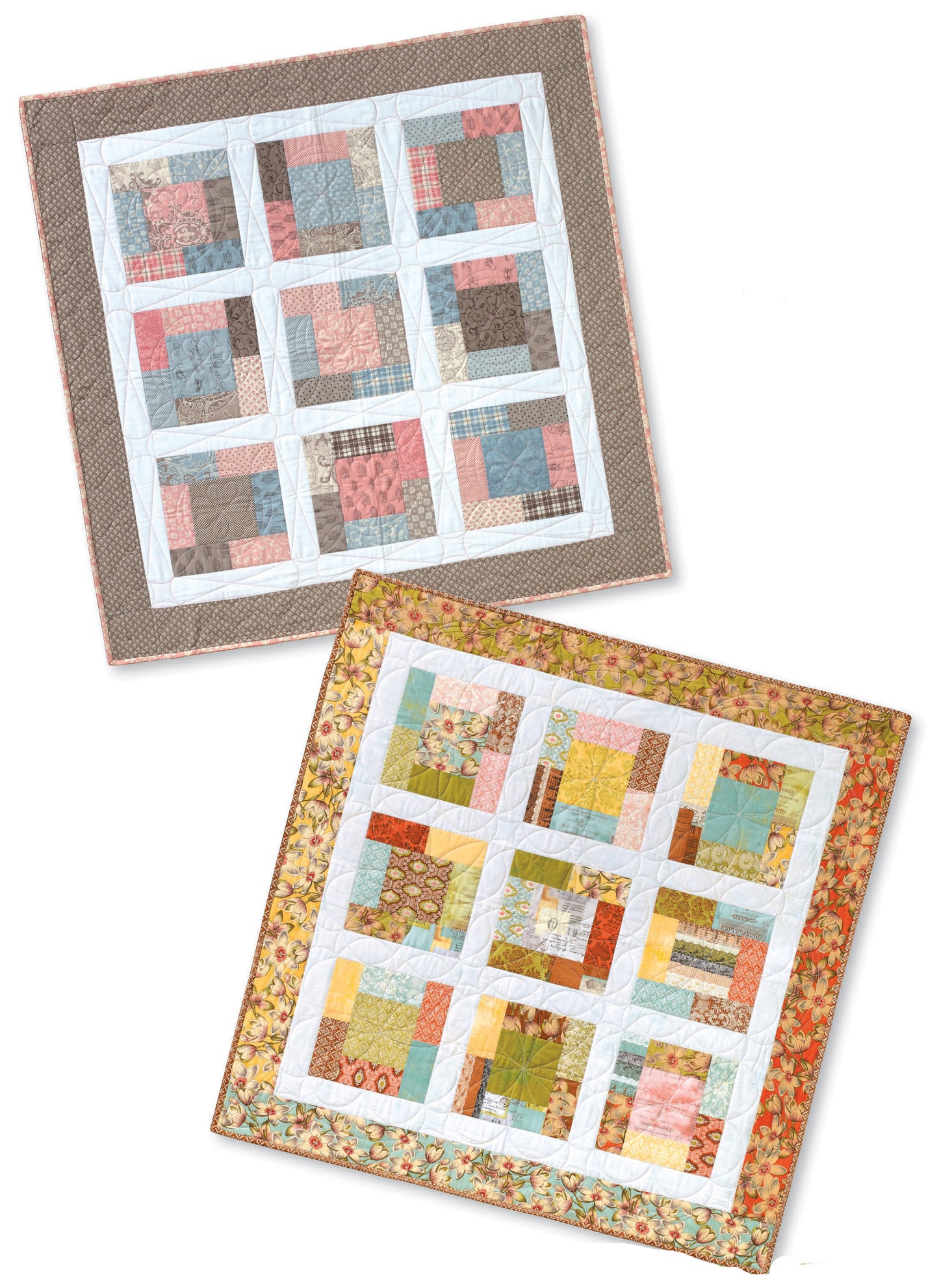 The 3 Times the Charm Book 2 by Leisure Arts features patchwork quilts with colorful grids. One has muted pastels and a brown border, while another includes bright colors and a floral-patterned edge—ideal for baby showers or as table toppers.