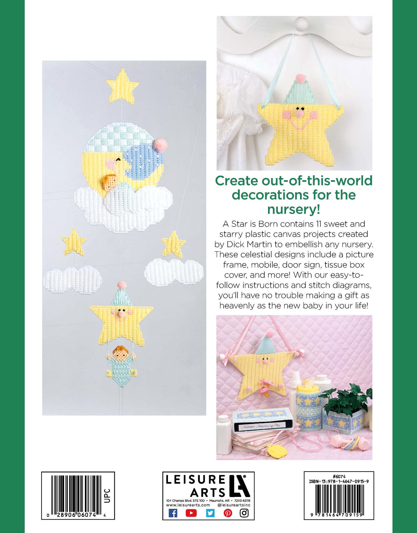 The back cover of Leisure Arts’ "A Star Is Born—Create a Picture Perfect Nursery for Your Tot!" shows a nursery with celestial mobile, plush star, and crib, featuring plastic canvas projects for baby nursery accessories and decorative accents.