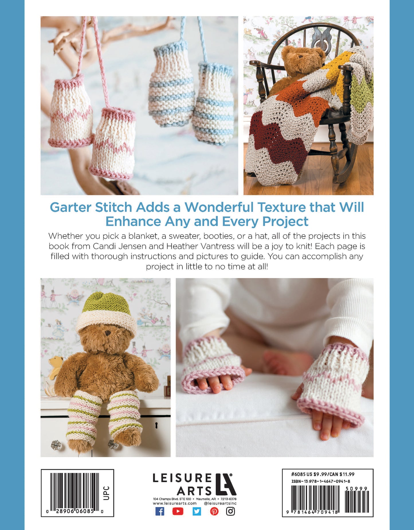 The back cover of "Garter Stitch for Baby" by Leisure Arts features a striped baby blanket on a rocking chair, hanging pouches, and an accessorized teddy bear—ideal beginner projects to build your knitting skills.