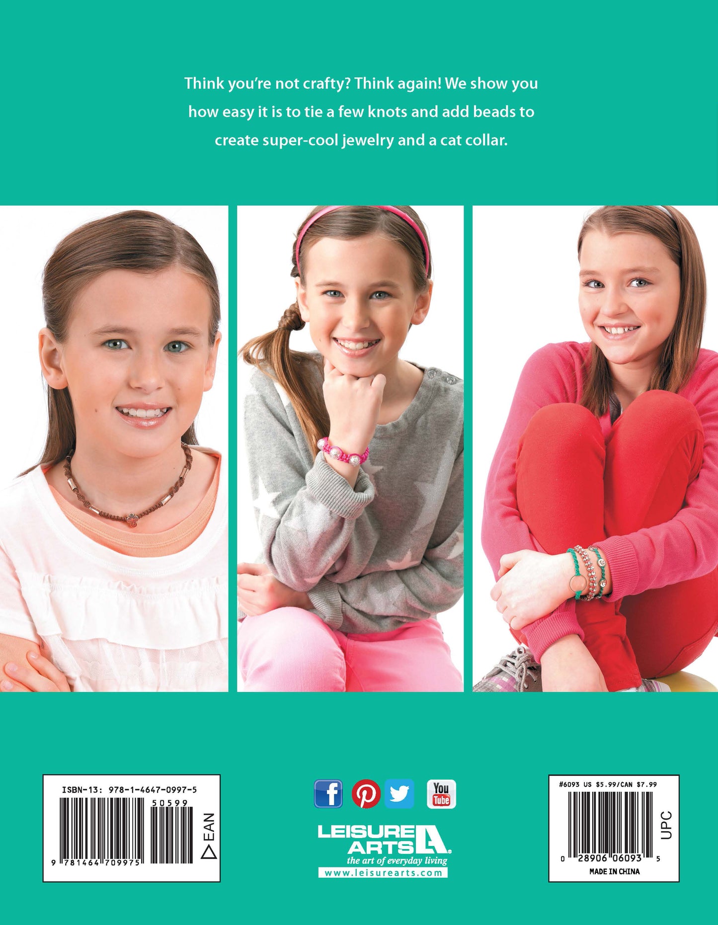 Three young girls model vibrant jewelry from "Knots & Beads—Easy Jewelry to Make & Share! Digital Download" by Leisure Arts, each pictured in green-bordered panels on white. Book details and social media icons are shown above and below the images.