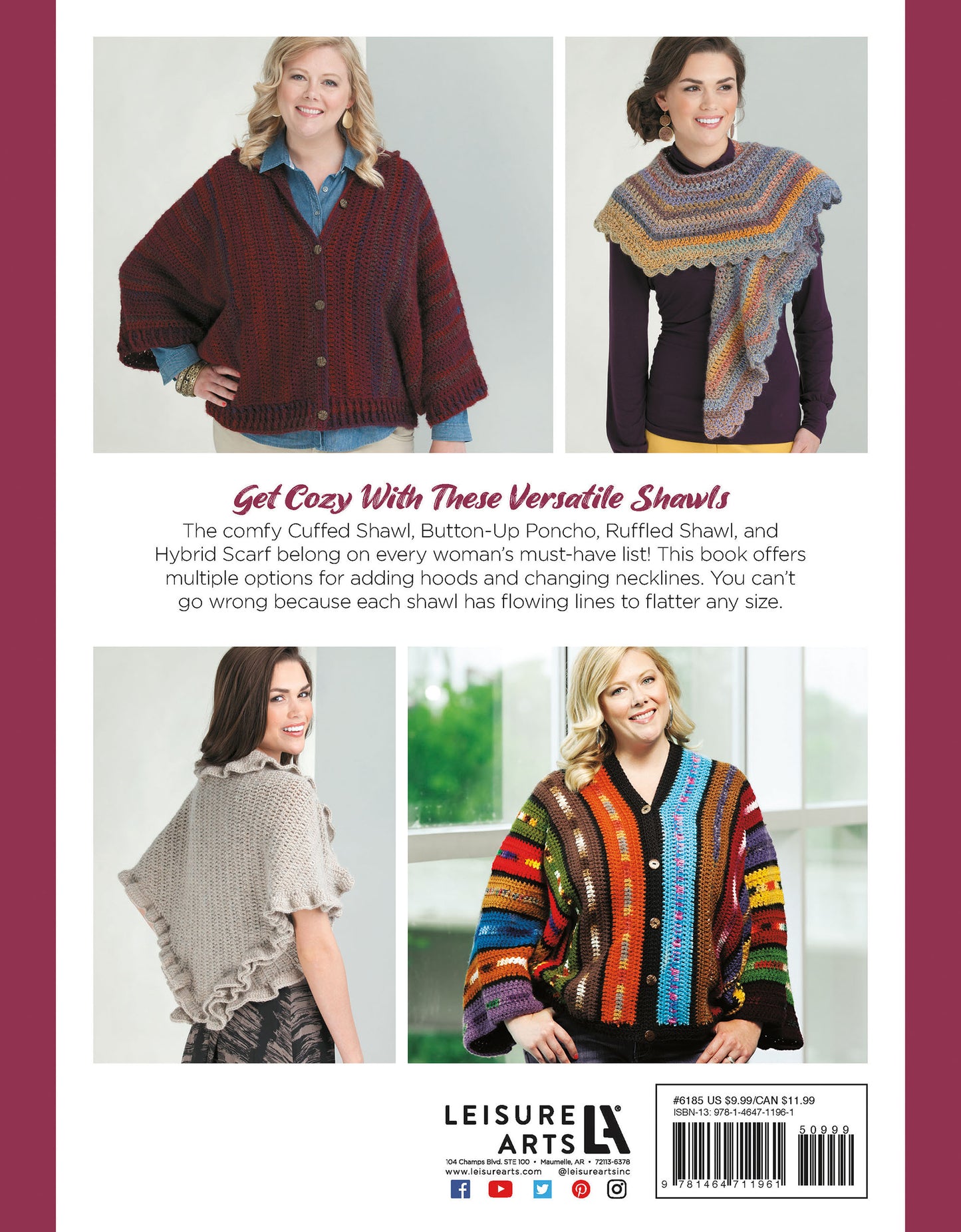 Four women wear vibrant ponchos and textured hybrid scarves from Leisure Arts’ Crochet the Cuffed Shawl & More, smiling against a light background. Text above highlights these cozy, versatile patterns as easy to make.