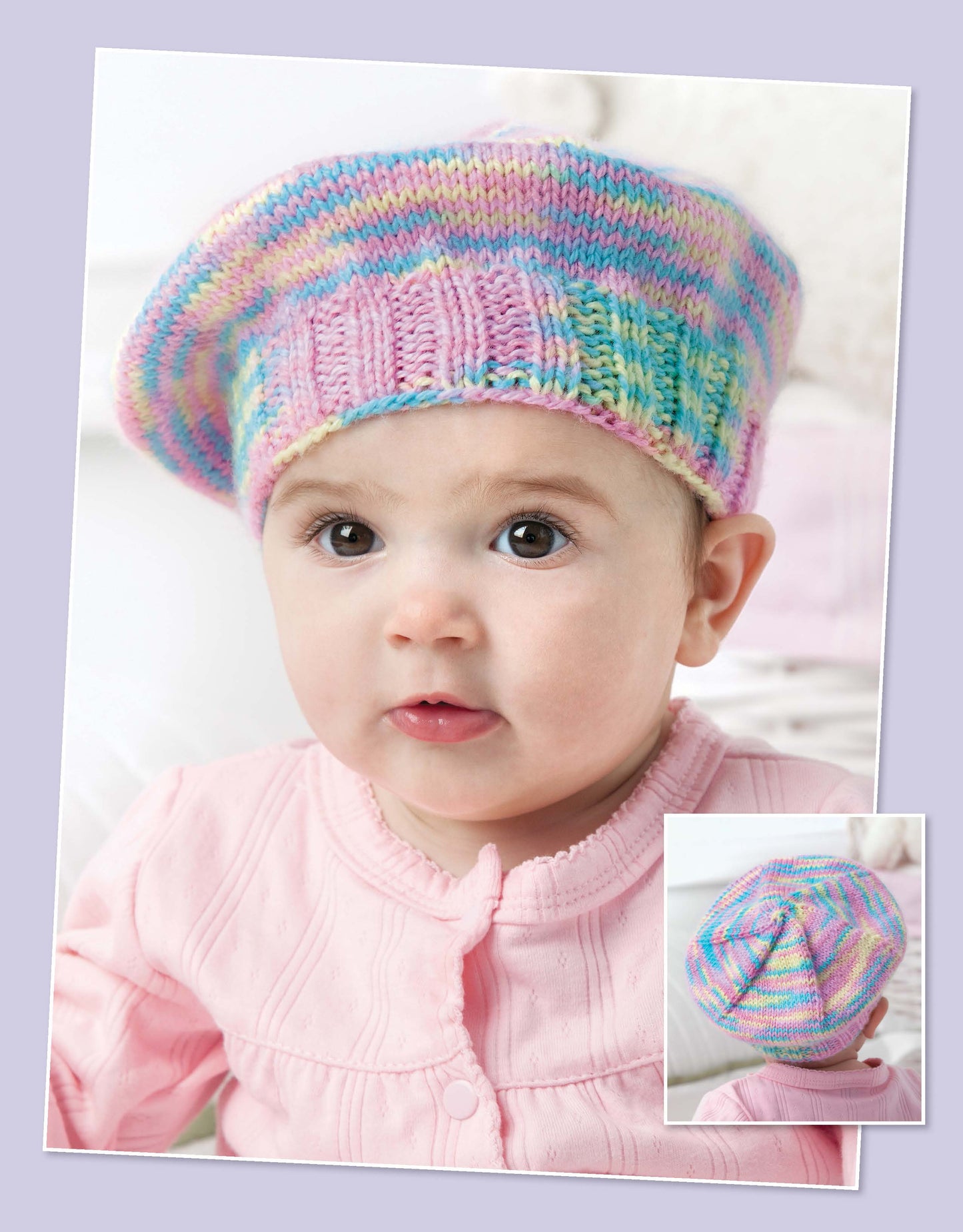 A baby in a pastel knitted beret and pink outfit looks at the camera. An inset highlights the beret’s circular pattern. Get knitting inspiration with "Projects for Baby Made with the Knook" by Leisure Arts—ideal for beginners!.