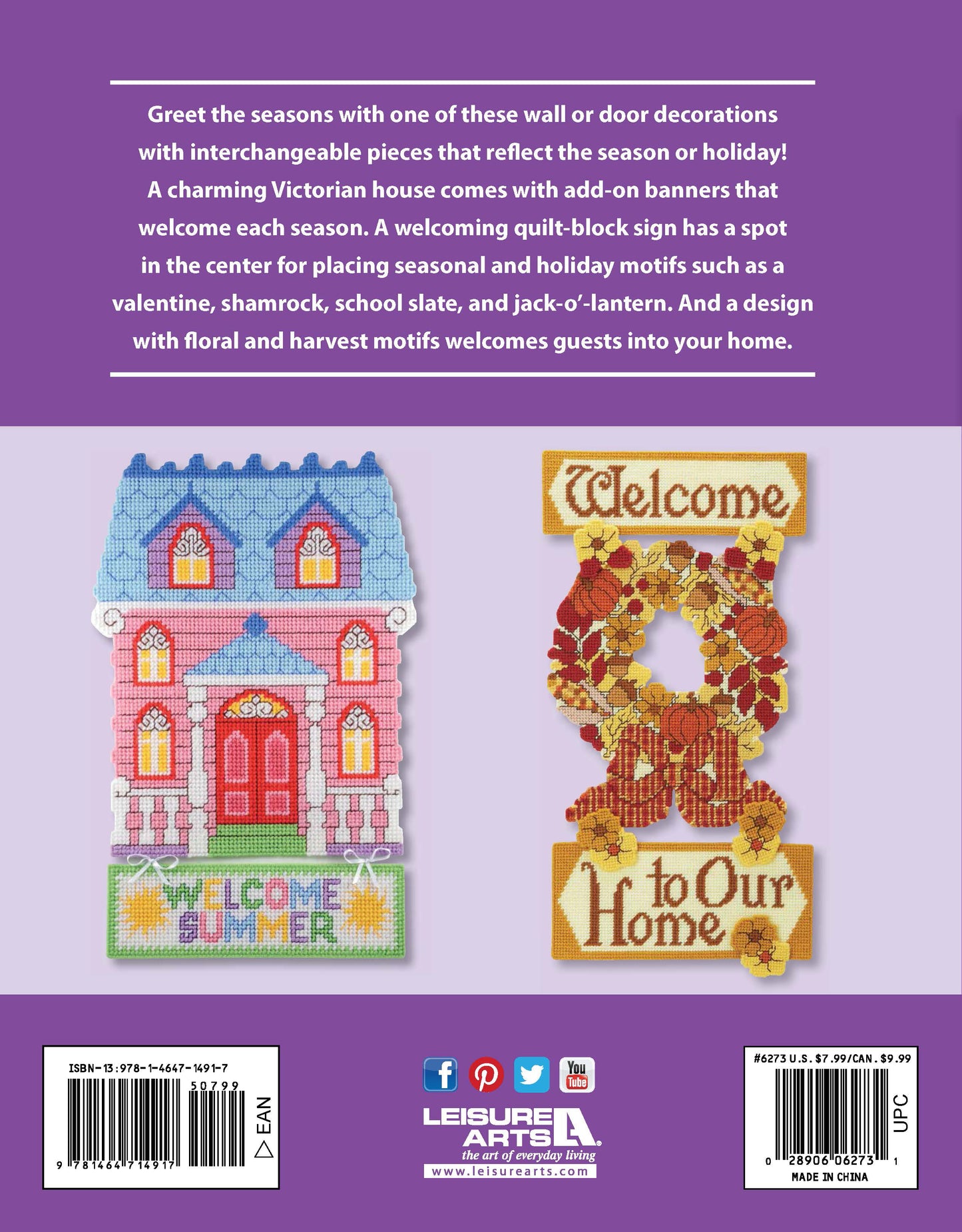 The back cover of "Welcome the Seasons Plastic Canvas Projects" by Leisure Arts shows a vibrant Victorian-style house with welcome door signs and a floral "Welcome to Our Home" hanger—ideal for fans of seasonal wall decor. Description and publisher info included.
