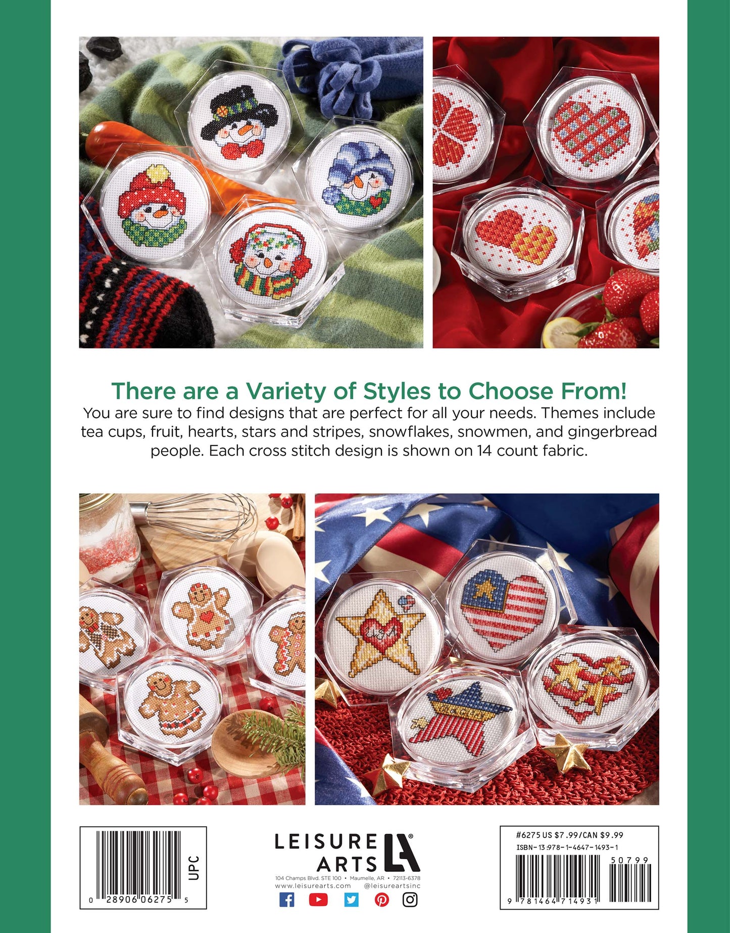 Leisure Arts Coasters—7 Cross Stitch Themes to Add Pizzazz to Your Home Decor features beginner-friendly patterns like tea cups, snowmen, gingerbread people, hearts, stars and stripes, and snowflakes for festive coaster projects.