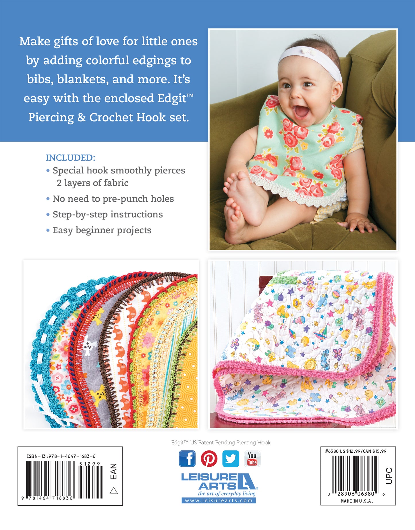 Back cover of "Edgings for Kids" by Leisure Arts features a smiling baby in a floral bib with crochet edges, stacked colorful bibs, and a pink-edged blanket—ideal for beginners—plus Edgit piercing crochet hook set details.