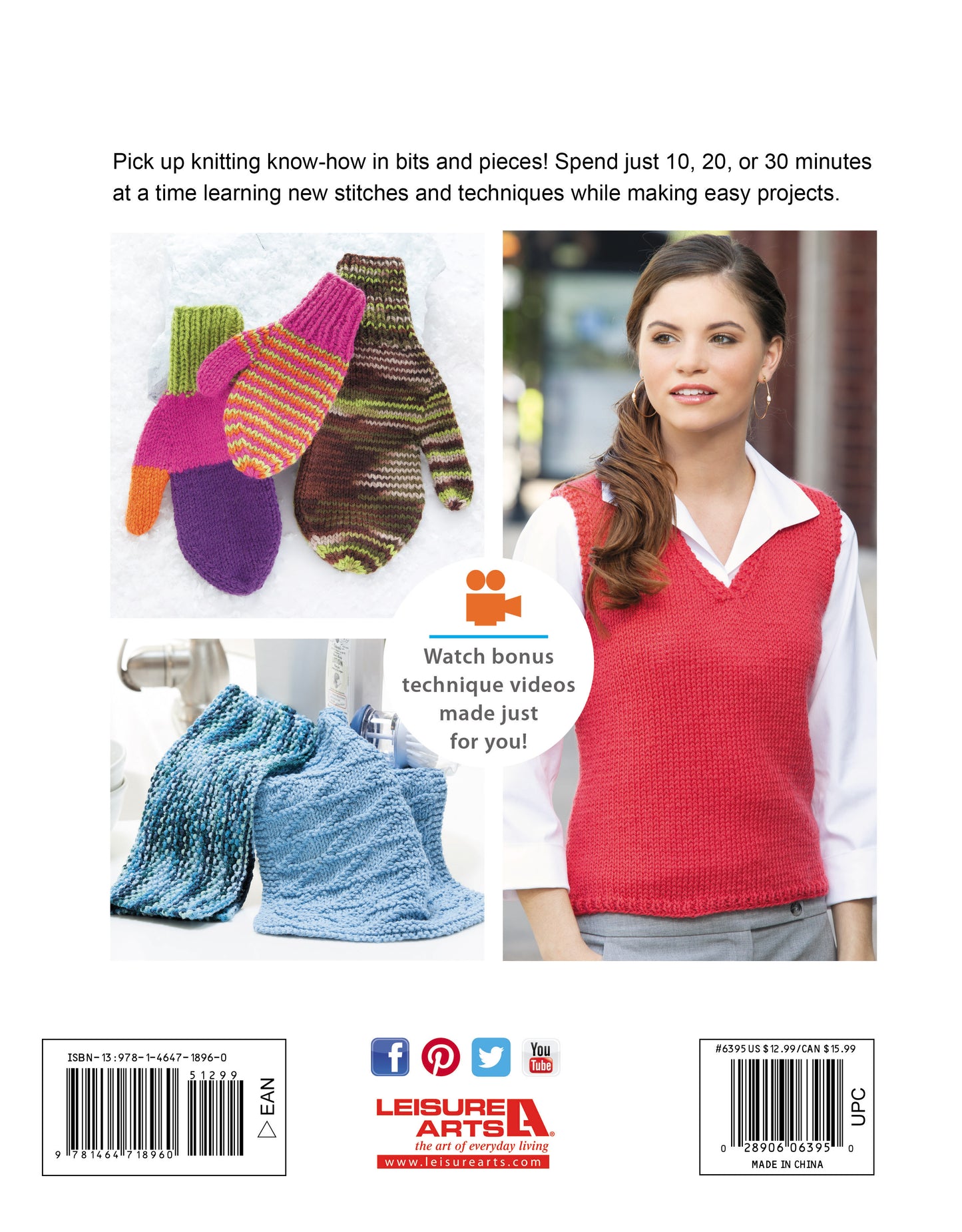 Back cover of "10-20-30 Minutes to Learn to Knit" by Leisure Arts features easy projects: colorful mittens, a woman in a red knit vest, and blue textured washcloths; includes step-by-step instructions. Social media icons and Leisure Arts logo shown.