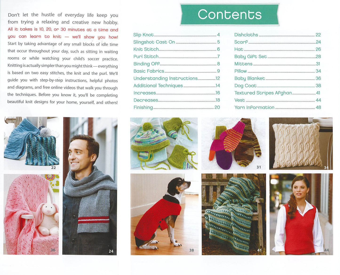 Leisure Arts’ "10-20-30 Minutes to Learn to Knit" digital download features beginner projects with step-by-step instructions, photos of scarves, hats, a baby blanket, mittens, dog sweater, pillows, and a knit vest.