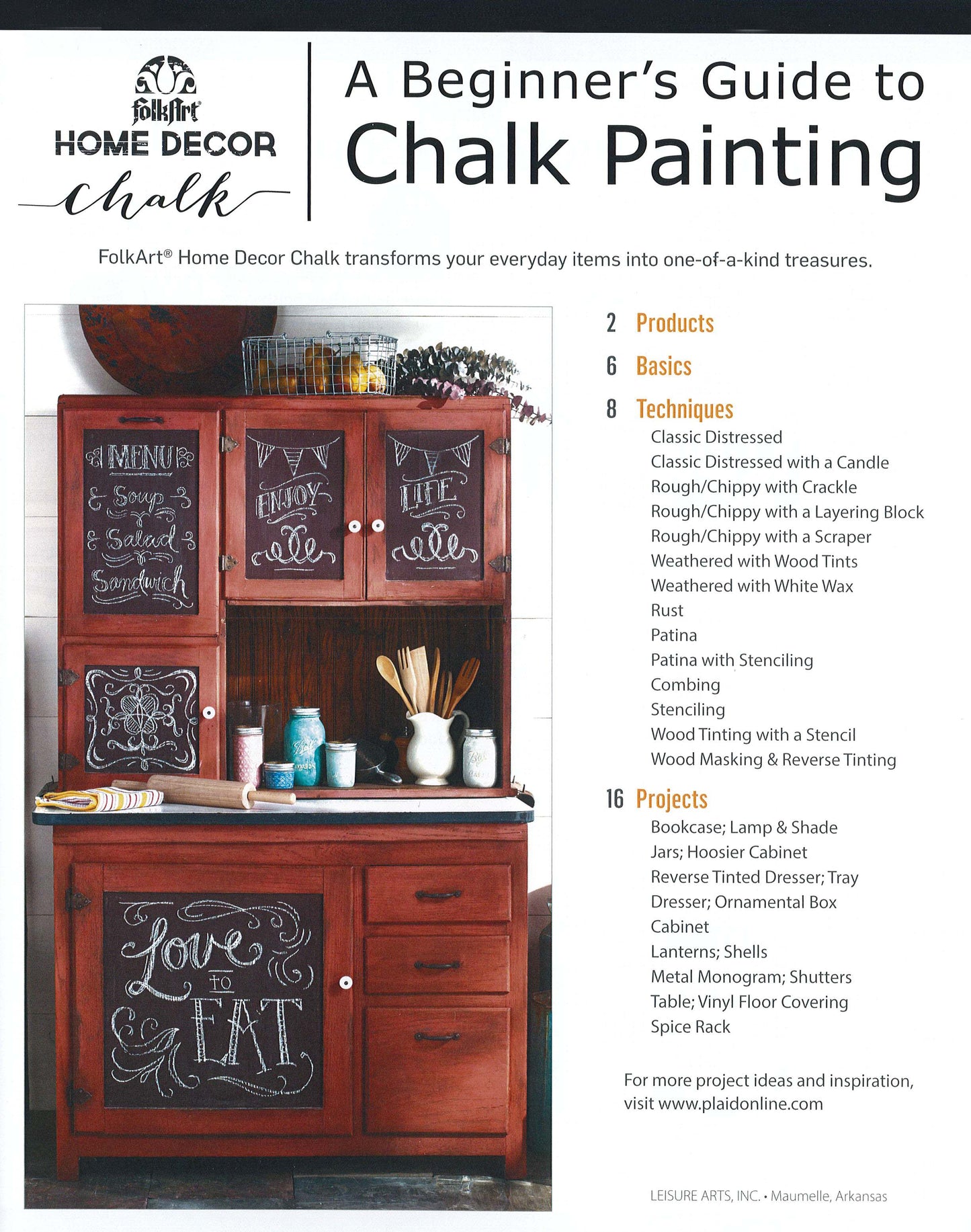 The Leisure Arts "A Beginner's Guide to Chalk Painting" features a wooden cabinet with distressed finishes, FolkArt Home Decor Chalk Paints and supplies, plus a contents list and furniture painting technique projects.