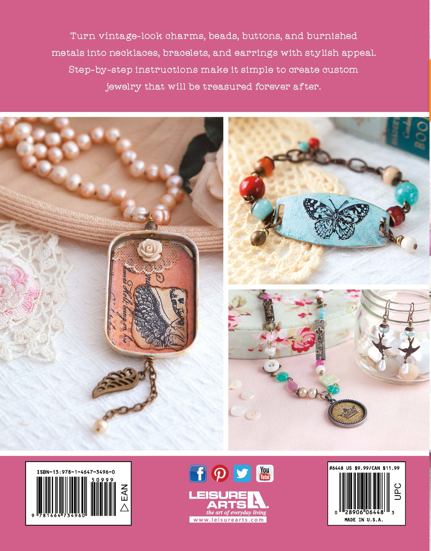 The back cover of Easy Vintage Jewelry by Leisure Arts displays beginner projects using vintage charms, beads, and metal, with images of owl-themed necklaces, bracelets, and earrings. Leisure Arts logo and barcode are at the bottom.