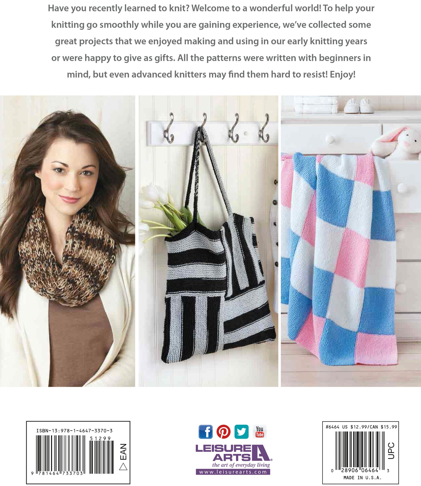 A book back cover from Leisure Arts’ "Beginner-Friendly Knitting" shows a woman in a brown sweater and pink shirt, a striped tote bag on hooks, and a folded checkered blanket—perfect inspiration for easy knitting patterns.
