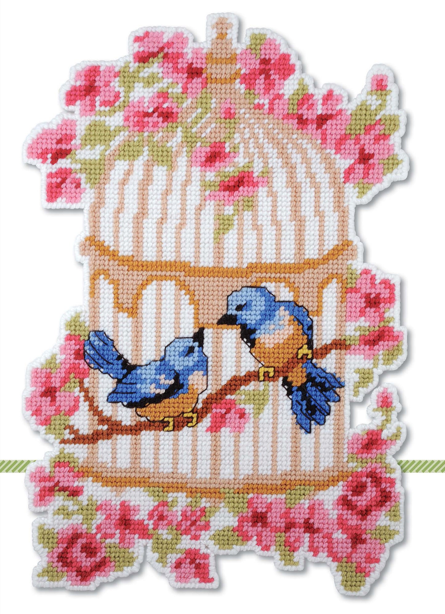 The Leisure Arts Seasonal Door Signs Plastic Canvas features two blue birds on a branch with pink flowers and green leaves in front of a beige birdcage—perfect for brightening your home decor year-round.