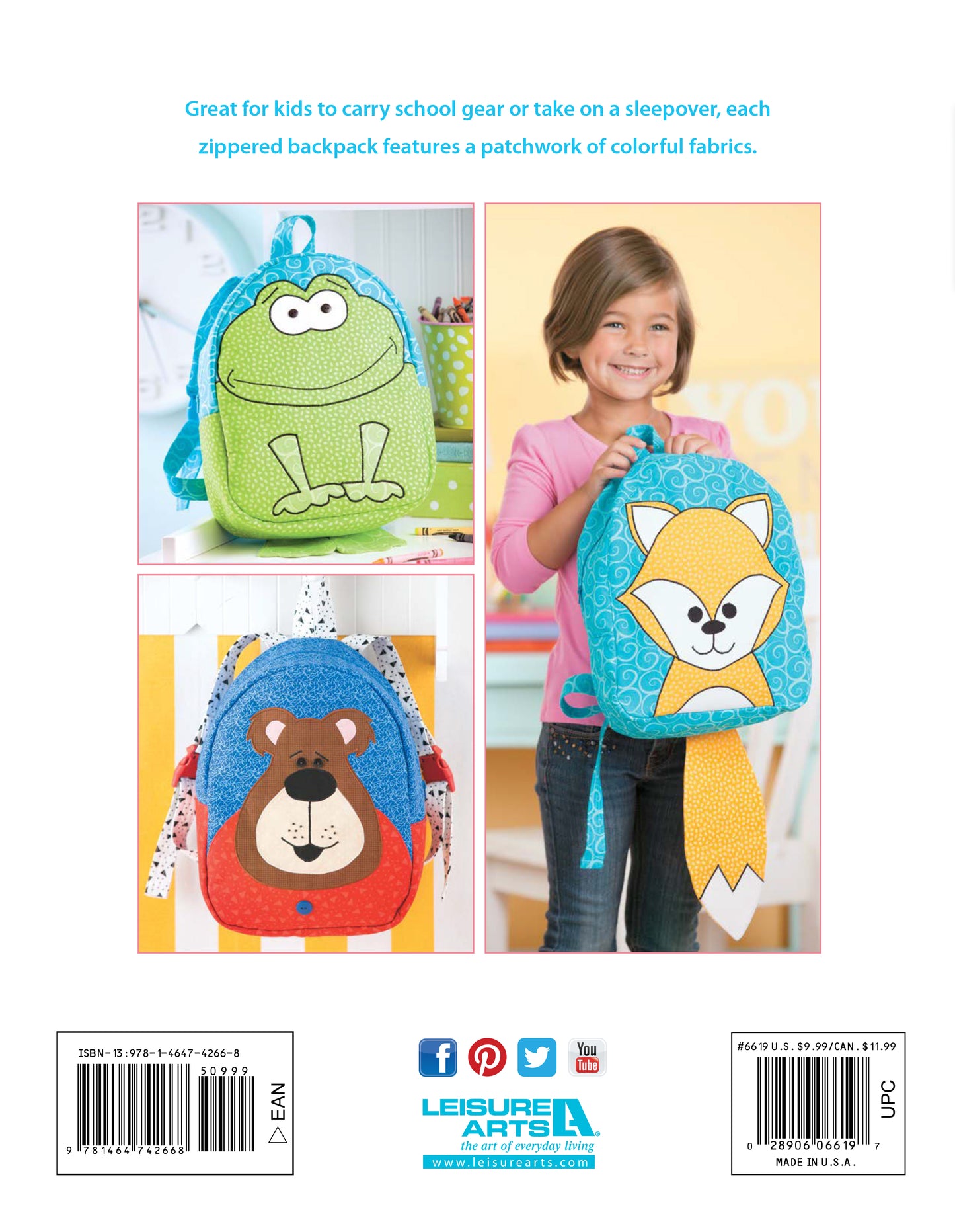 A girl holds a Leisure Arts Woodland Creatures Backpack with a fox face. Beside her are two more: a green frog and a blue bear, each featuring playful applique patterns and patchwork designs.