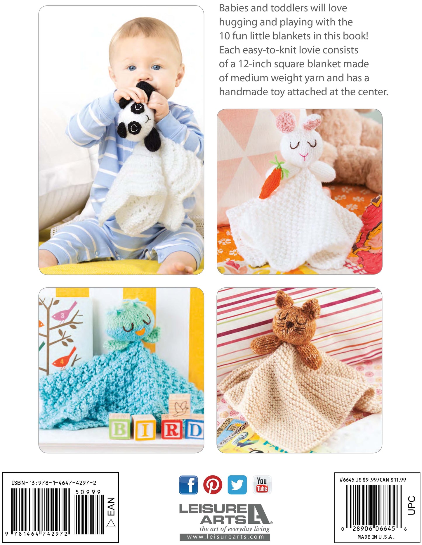 Leisure Arts Animal Lovies—Huggable Blanket Buddies—features a panda, carrot, blue bird, and teddy bear. Each 12" knit lovey has a soft textured square. Adorable gift idea with bonus online tutorials! All shown on a white background.