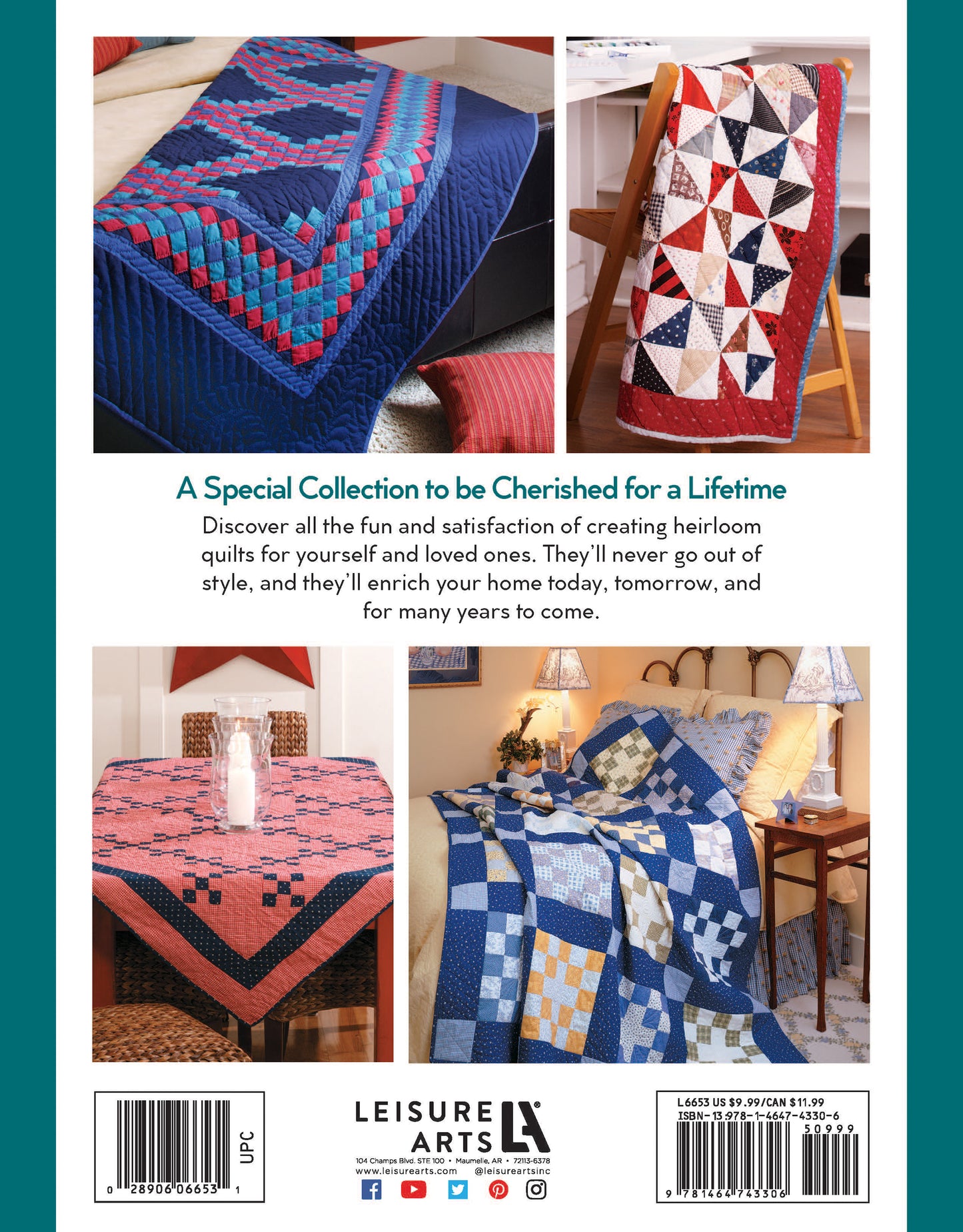 Back cover of Easy Timeless Quilts Digital Download by Leisure Arts featuring four quilted projects—blue and red tablecloth, wall hanging, cream quilt, and blue patchwork quilts—with classic designs and beginner-friendly patterns.