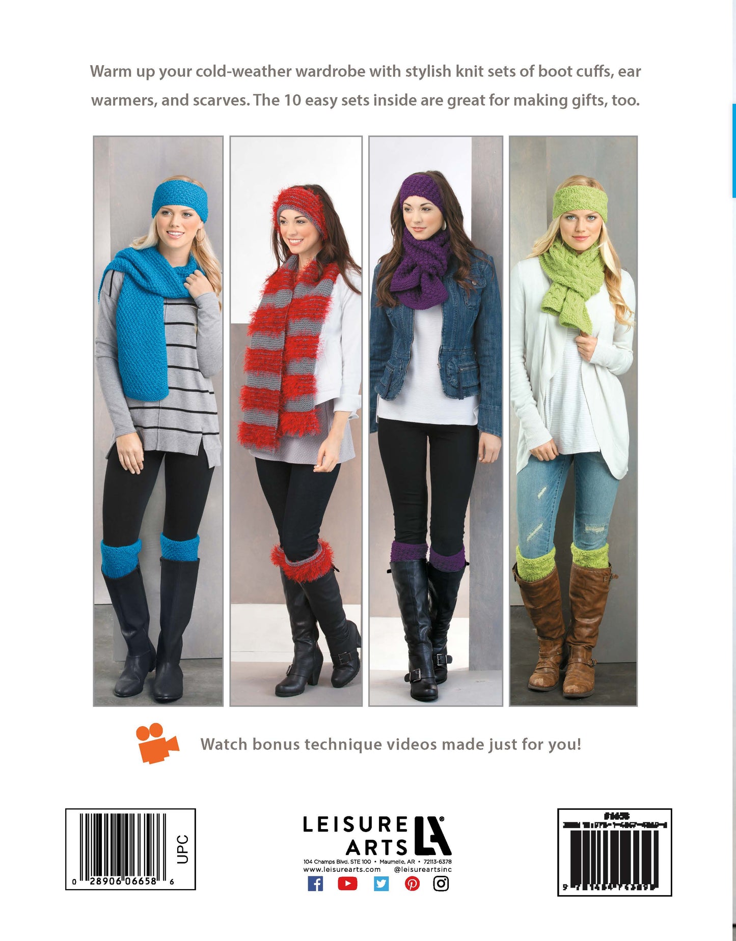 Four women model Cozy Fashion Accents Digital Download by Leisure Arts: a teal scarf with boot cuffs, a red striped scarf and ear warmers, a purple scarf and ear warmers, plus a green set with matching scarf, boot cuffs, and ear warmers.