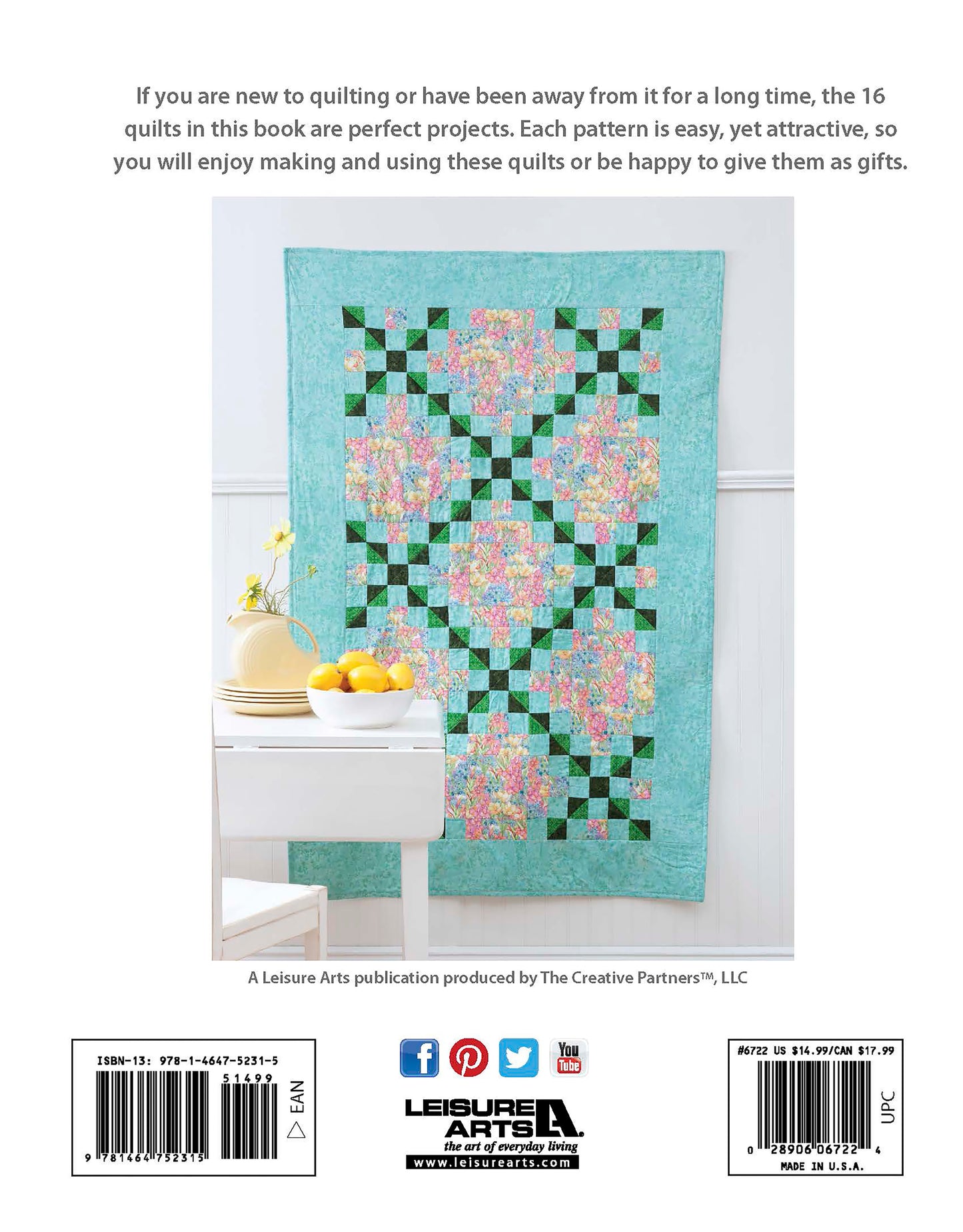 A vibrant quilt featuring teal, pink, and green patterns decorates a white wall above a table with lemons and white dishes. "Beginner-Friendly Quilting Digital Download" by Leisure Arts is noted below along with publisher logos.