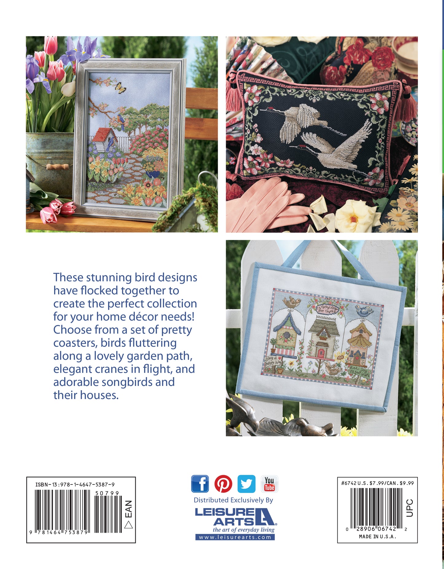 Three charming "Birds of A Feather Cross Stitch" designs by Leisure Arts: a framed floral bird piece, a zippered pouch with white cranes in flight, and a fabric bag featuring a colorful garden scene. Unique home décor ideas!.