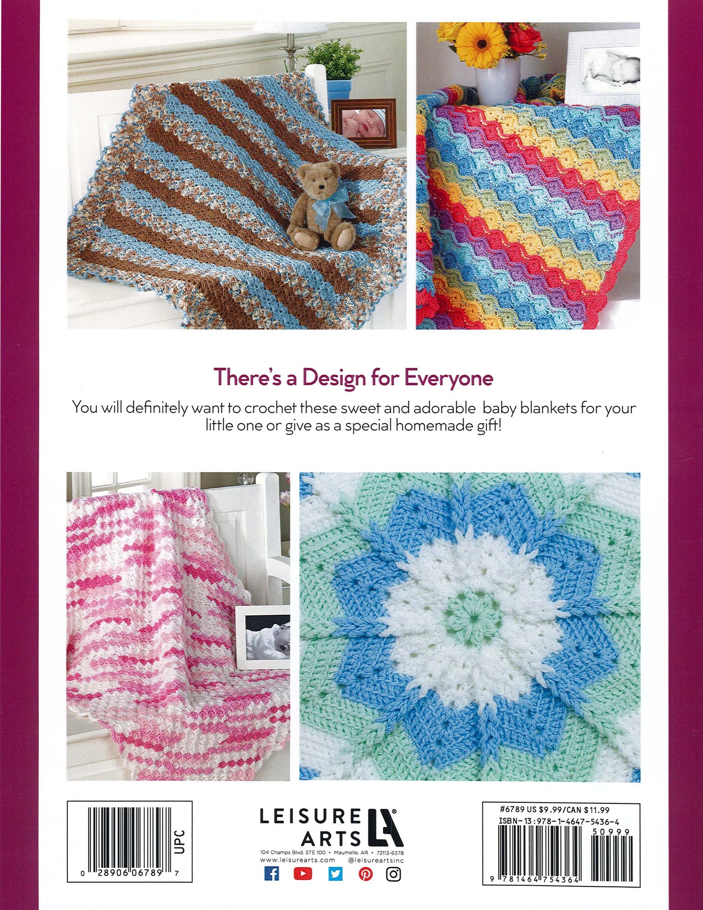 The cover of "Crochet Sweet Baby Blankets" by Leisure Arts features four colorful crocheted baby afghans in patterns like blue and brown stripes with a teddy bear, wavy rainbow stripes, pink chevrons, and a blue and white flower design.