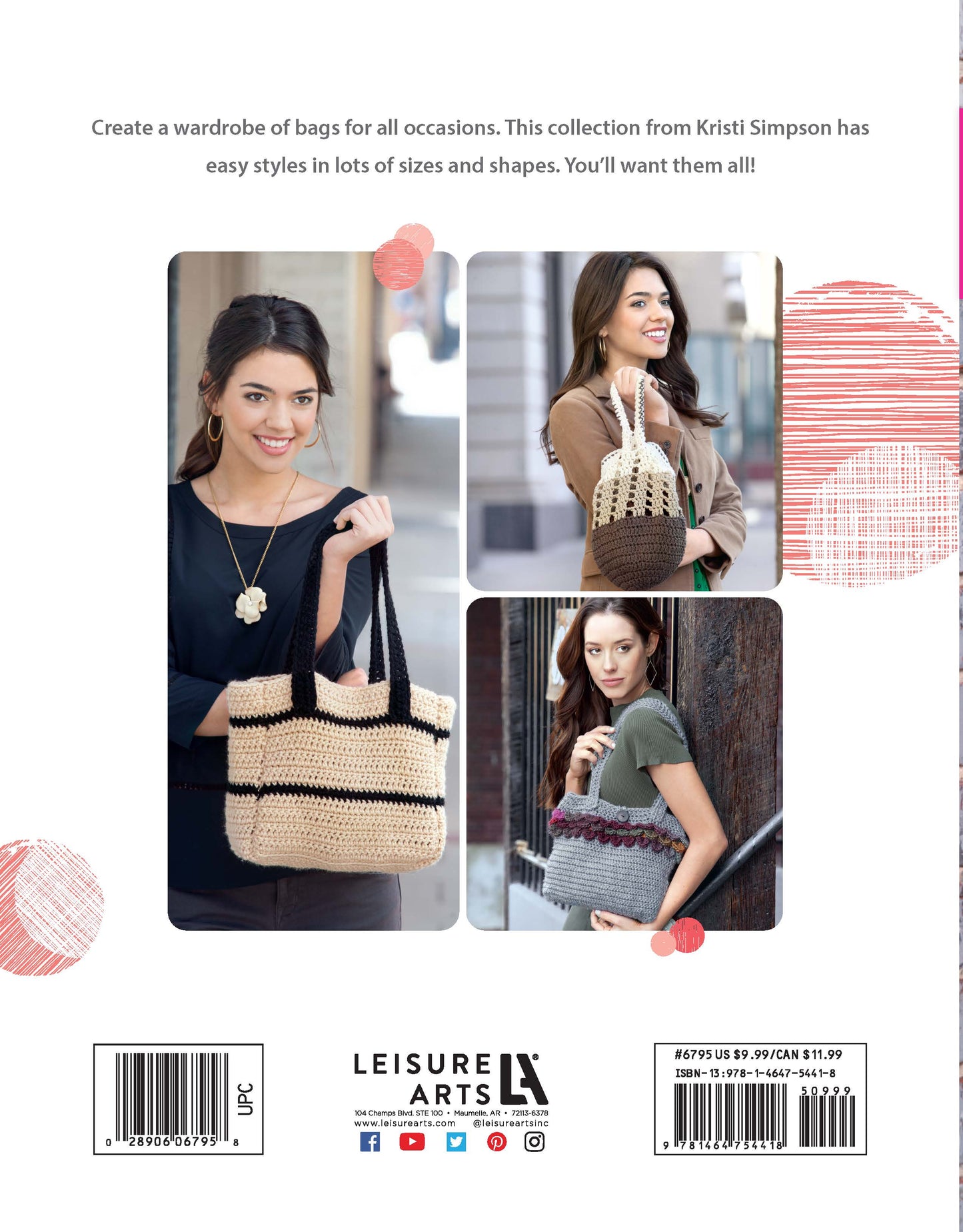 Three women show off Leisure Arts' Easy Essential Bags Crochet—one holds a striped beige purse, another a brown-and-cream tote, and the third has a gray bag with maroon accents—all fun options for beginner crocheters.