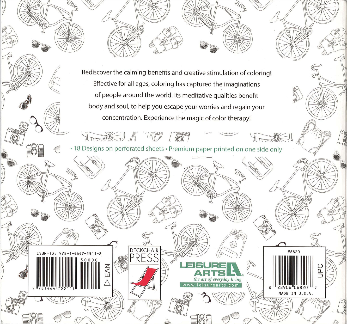 Back cover of Leisure Arts’ "Going Places—18 Designs on Perforated Pages" coloring book featuring a white background with outlined bicycles, cameras, sunglasses, and hats. Centered promo text highlights coloring fun for all ages.