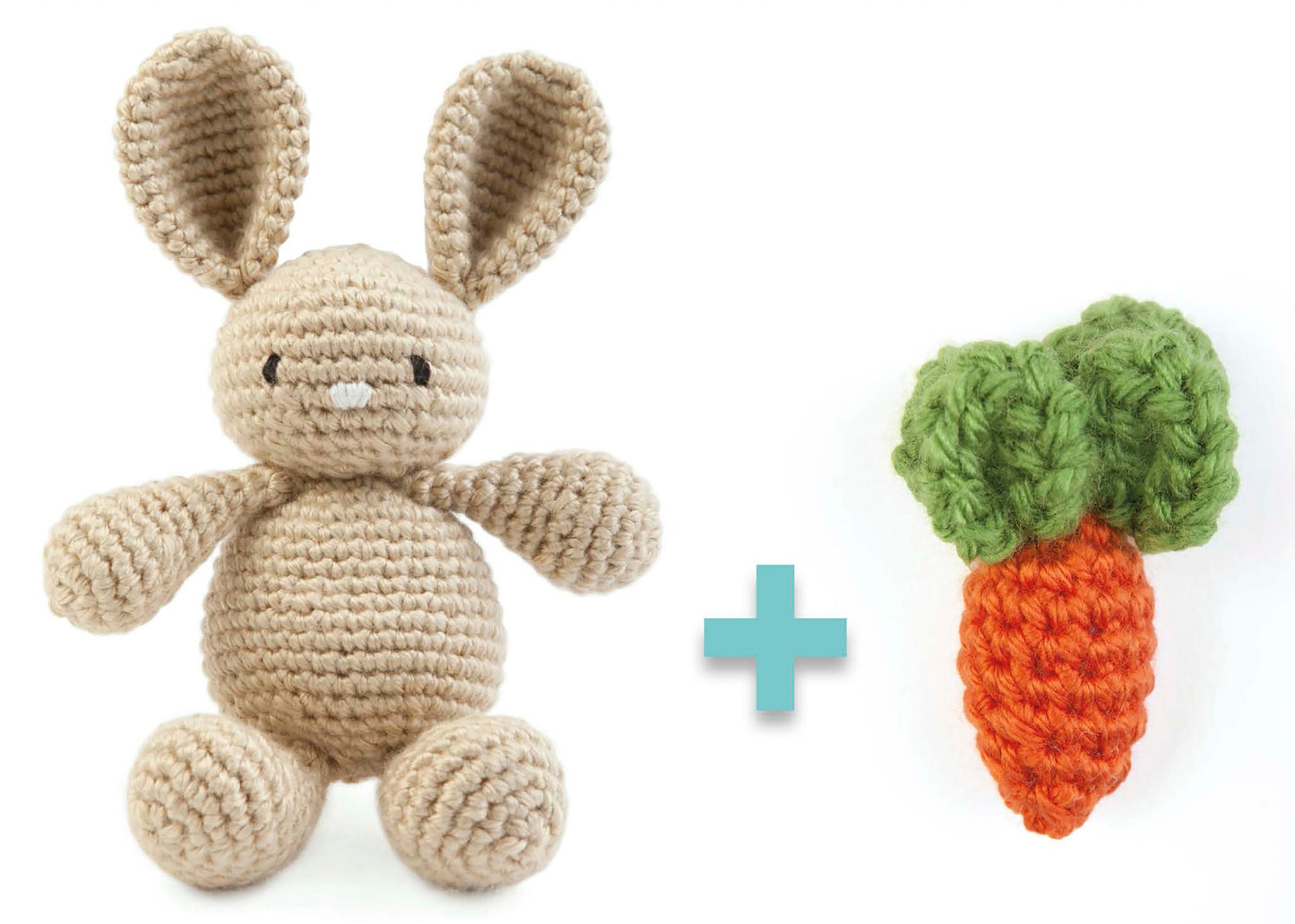 Baby's Buddy Amigurumi by Leisure Arts: a crocheted beige bunny and an orange carrot with green leaves sit side by side on a white background, making adorable stuffed animals ideal for nursery décor or gifts.