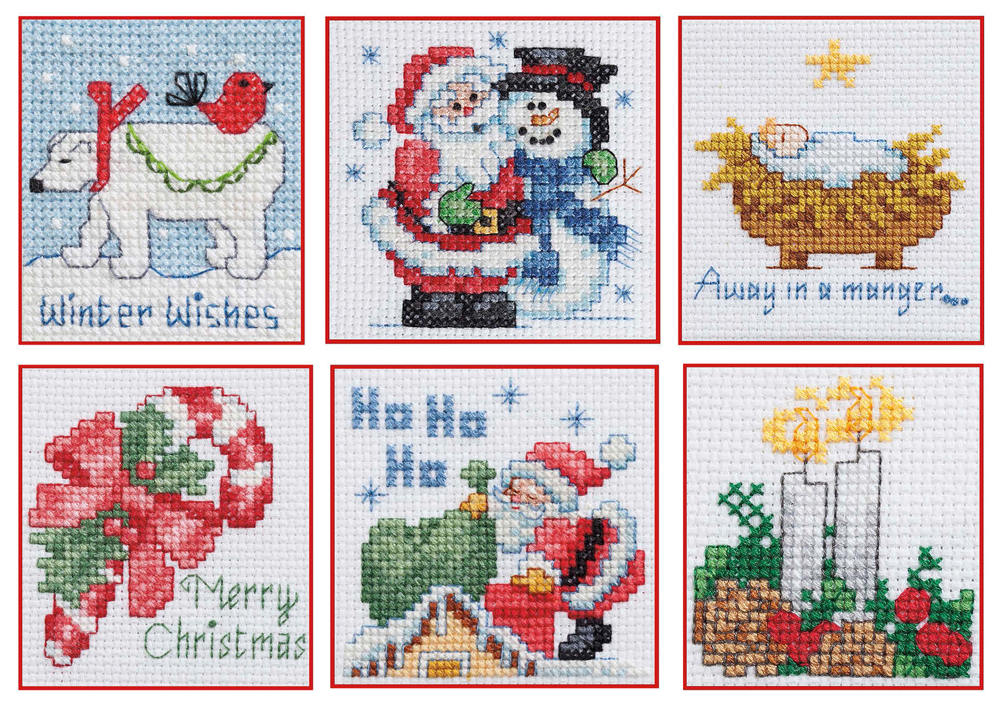 50 Cross Stitch Quickies Christmas by Leisure Arts features six beginner-friendly holiday designs: a polar bear with a bird, Santa hugging a snowman, baby in a manger, candy cane with “Merry Christmas,” Santa with gifts, and lit candles.