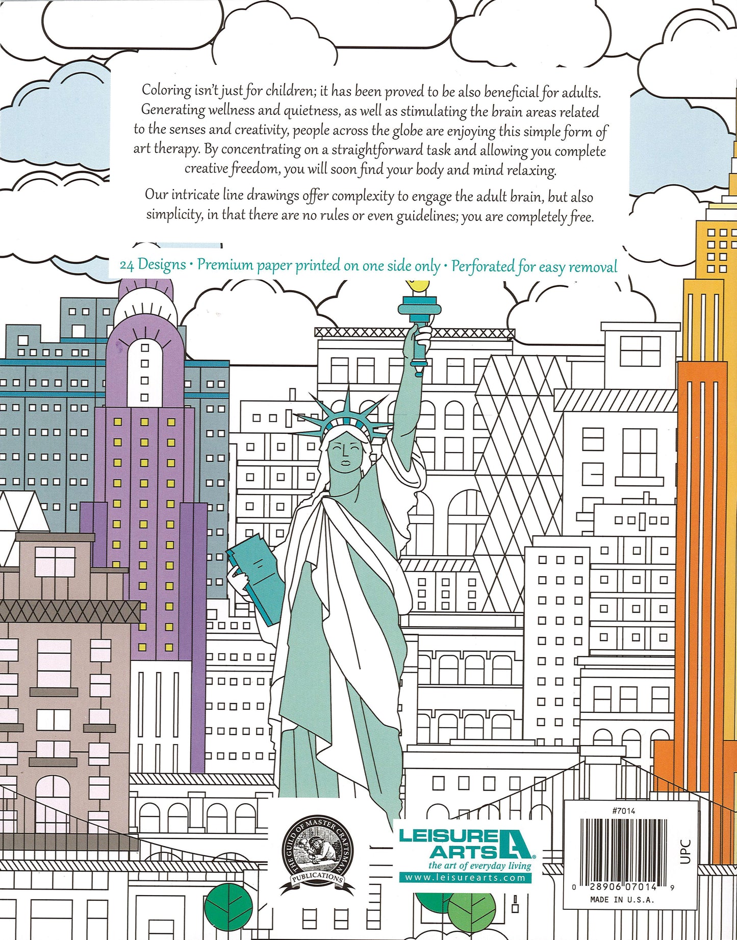 The back cover of Leisure Arts’ "Cityscape Wonders Color Art for Everyone" shows pastel green line art of NYC buildings and the Statue of Liberty, with some partially colored. Enjoy the benefits of coloring in this inspiring 48-page edition.