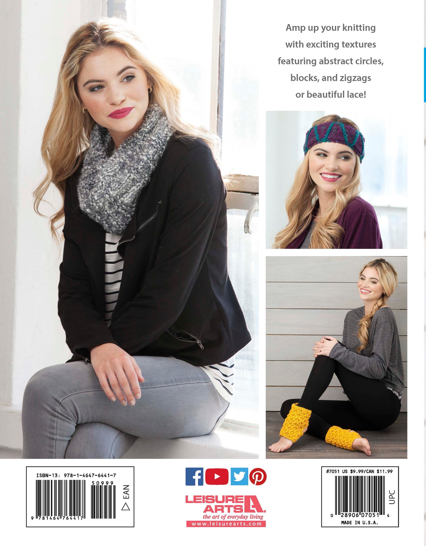 Three images feature women modeling projects from Wild About Texture by Leisure Arts: a chunky grey cowl, a colorful zigzag hat, and bright yellow leg warmers—all knit using super bulky yarn.