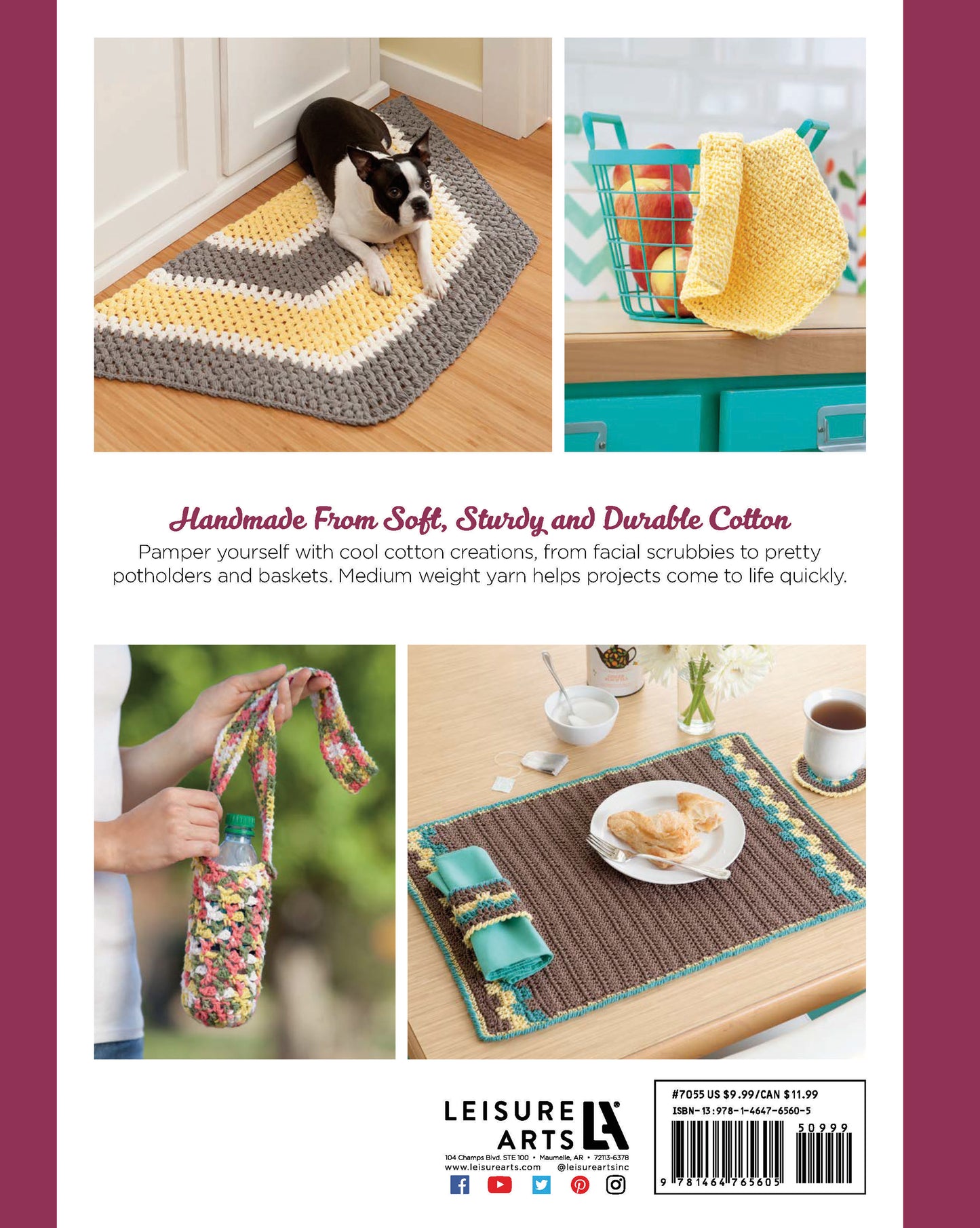 Four photos of projects made with Leisure Arts’ All About Cotton yarn: a cat on a yellow, gray, and white rug, green and yellow washcloths in a basket, a colorful tote bag, and a brown placemat with teal accents under breakfast food.