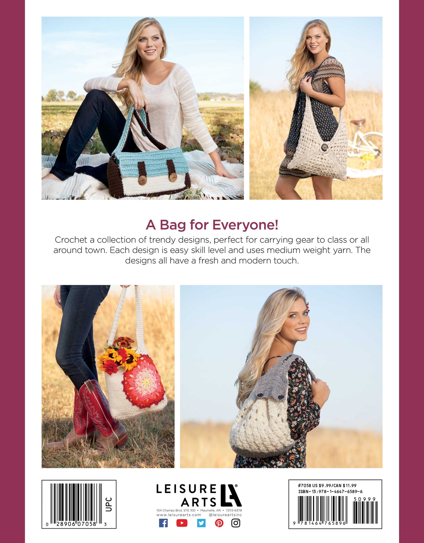 Four women showcase beginner crochet rucksacks and backpacks from Leisure Arts’ Crochet Rucksacks & Backpacks Digital Download—featuring blue-brown, cream, white with red flowers, and gray-cream designs—inspiring creativity in a relaxed outdoor setting.