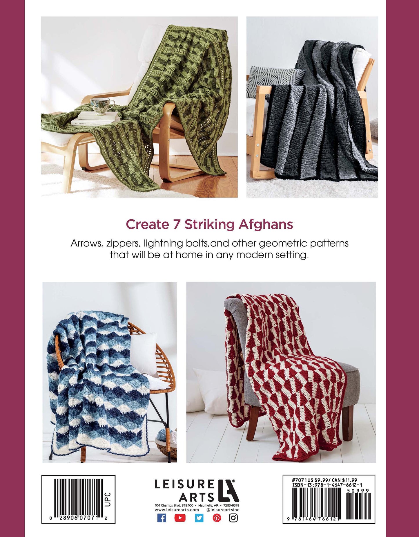 Leisure Arts’ Graphic Pattern Afghans features four modern afghans with green and black, blue and white, and red and white geometric designs; the text highlights seven striking home decor projects for modern homes.