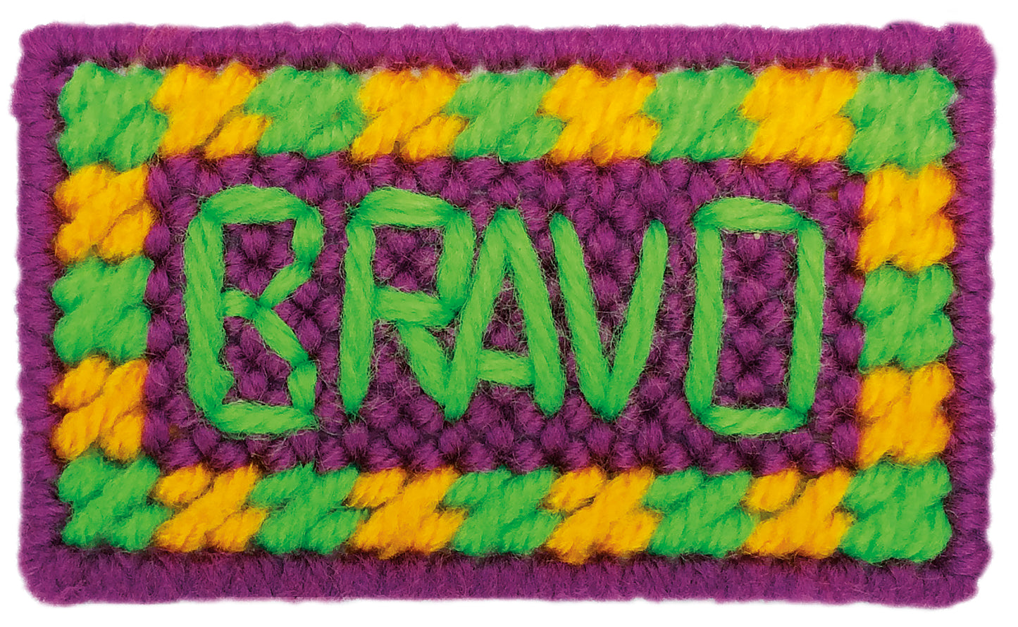 Show Off Magnets in Plastic Canvas by Leisure Arts features a rectangular woven design with "BRAVO" in green letters on a purple background, bordered by yellow and green zigzags—great for blue ribbon kids or as a playful accent in photos.