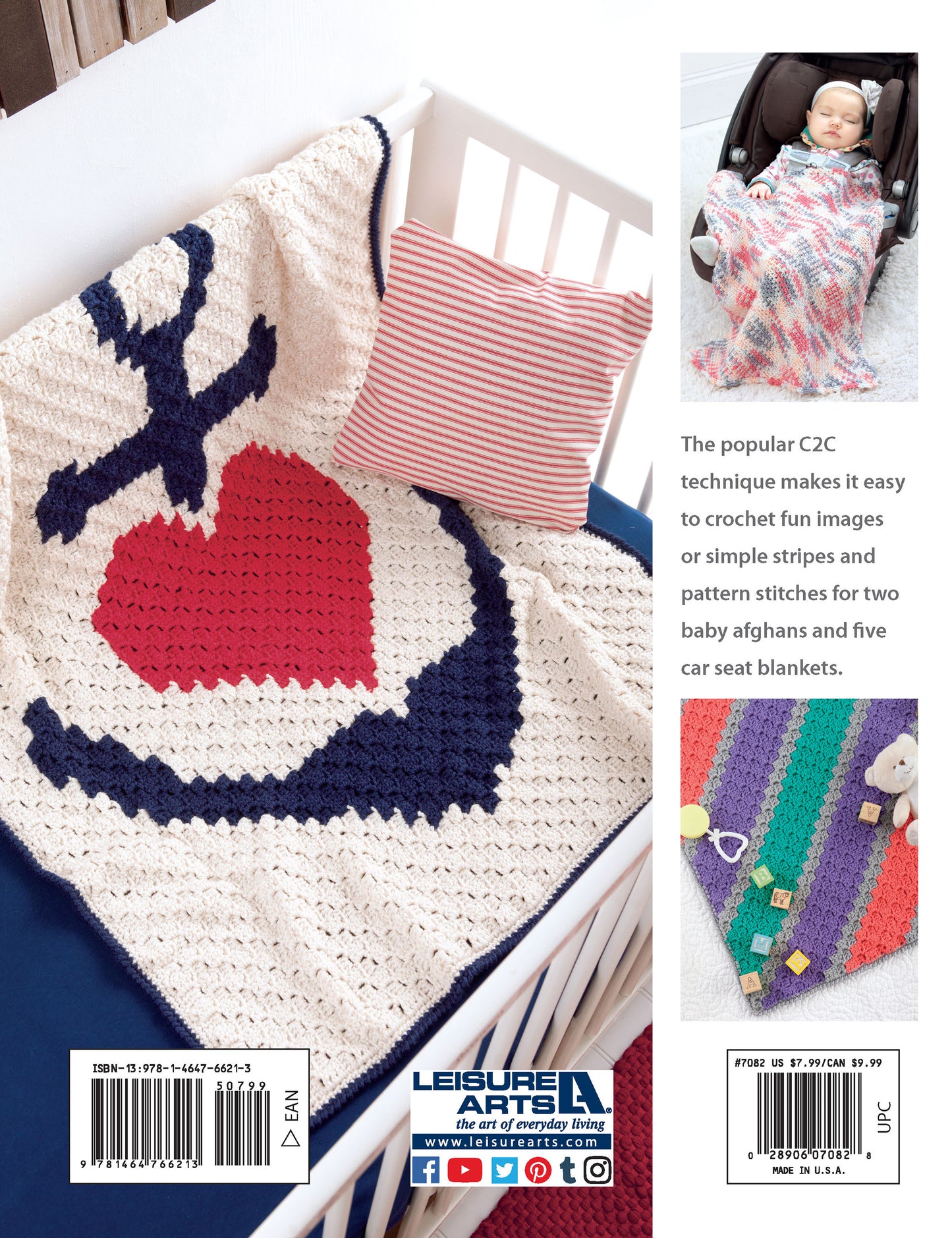 A Corner to Corner Baby Afghan by Leisure Arts, featuring a red heart and navy anchor, drapes over a crib beside a striped pillow. Insets show a baby with a chevron afghan and a car seat with a green striped crochet cover.