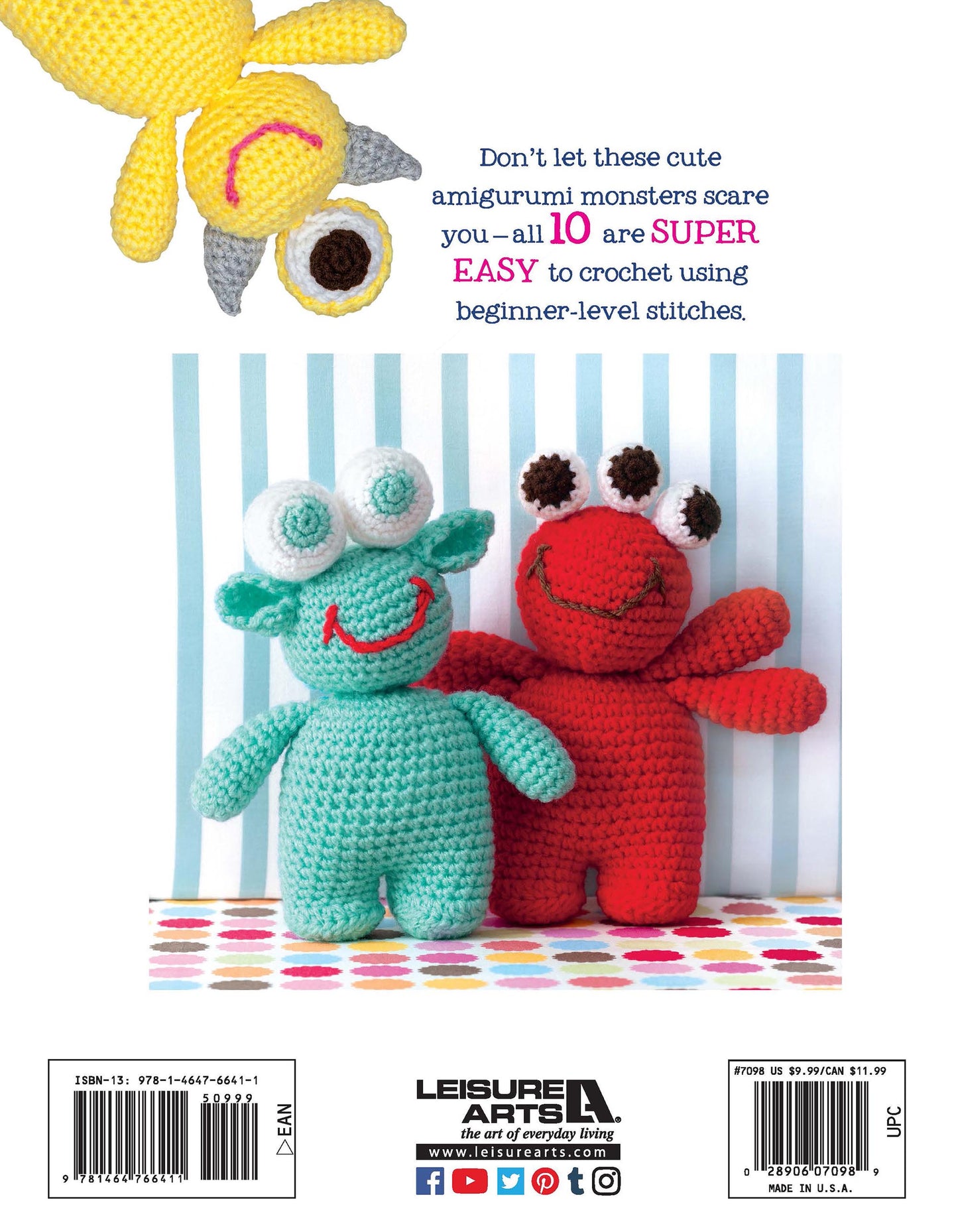Back cover of the Leisure Arts "Cute Amigurumi Monsters Digital Download," featuring teal and red amigurumi dolls with googly eyes. Text: All 10 crochet monsters are SUPER EASY to make using beginner patterns and stitches.