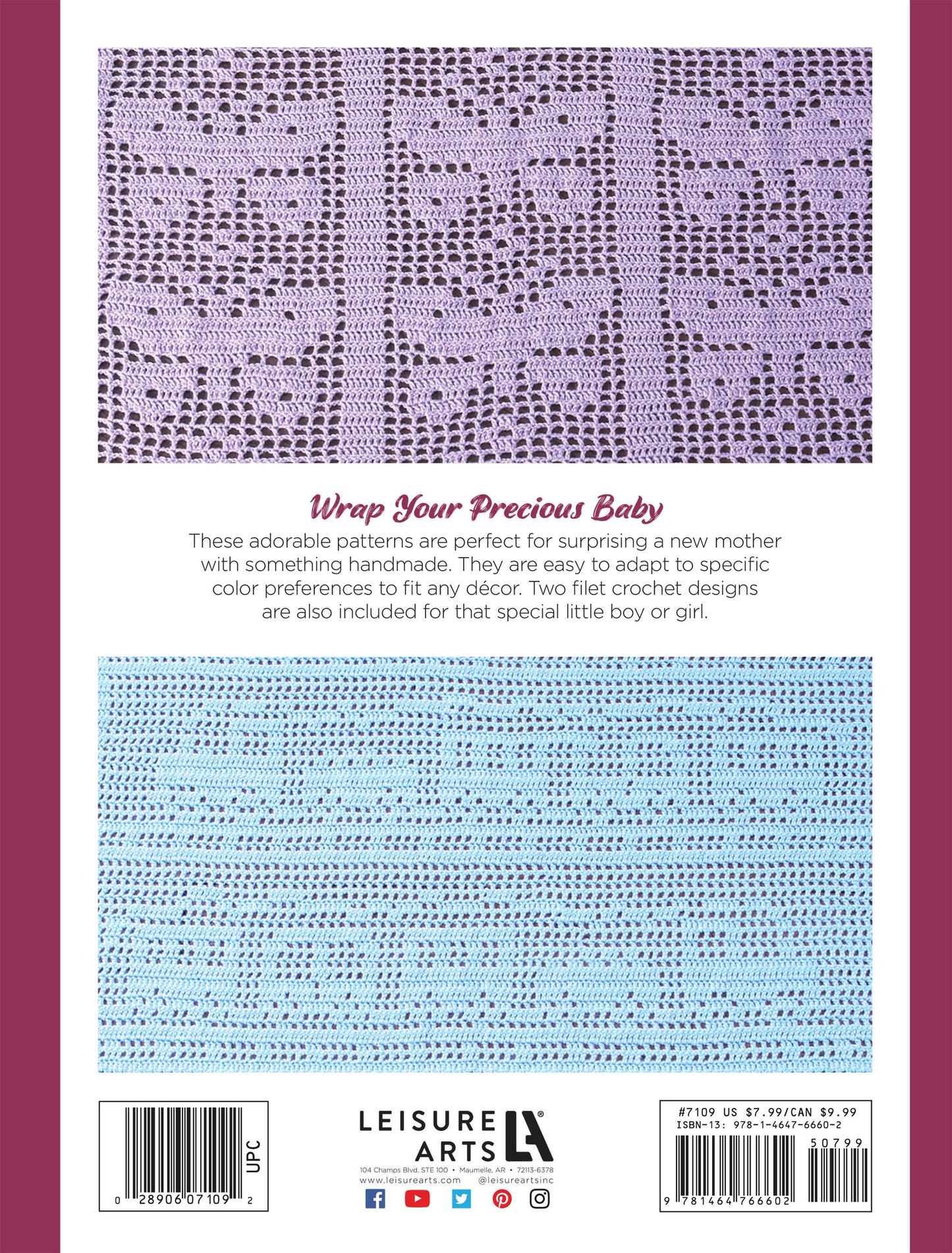 The image shows the back cover of the Leisure Arts "Cuddle Me Baby Afghans" crochet pattern book, featuring intermediate baby blanket patterns in lavender and blue. Text and a barcode are also visible—perfect for a baby shower gift.
