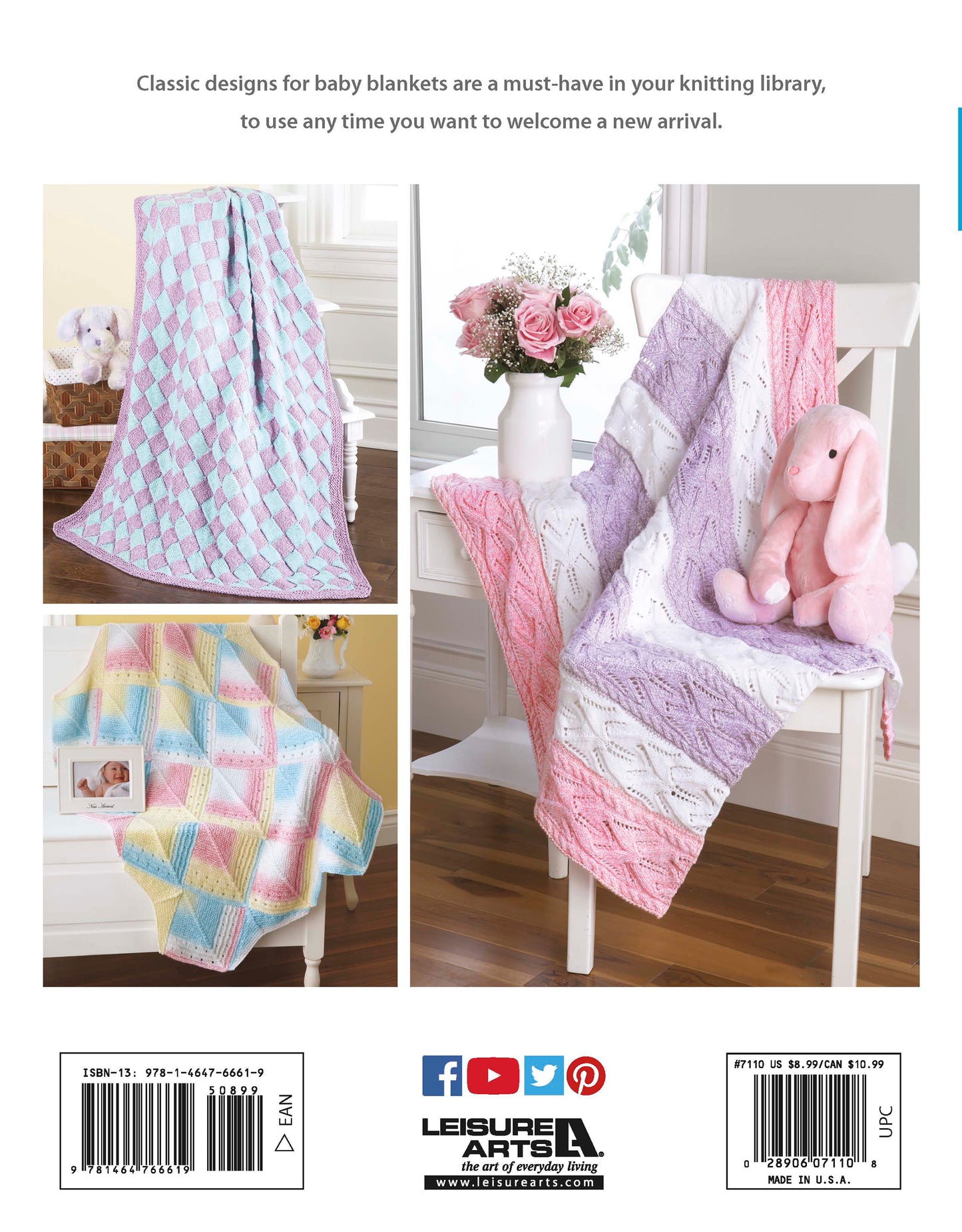 Three Timeless Knit Baby Blankets from Leisure Arts, in soft pastel hues and various yarn weights, are shown on cribs and a chair—one near a pink stuffed rabbit and flowers. Leisure Arts branding and social media icons are below.