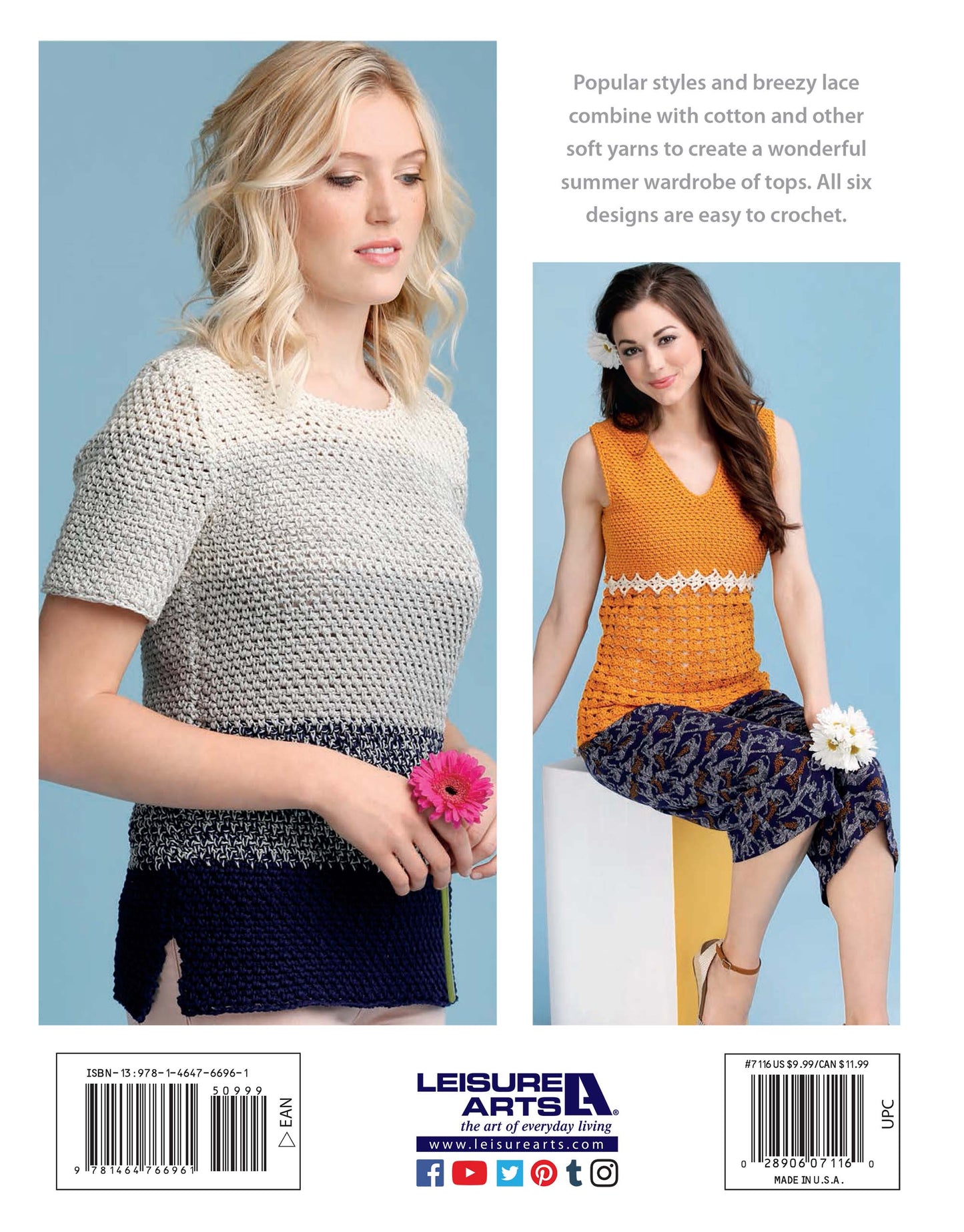 Two women model designs from "Crochet Super Simple Summer Tops" by Leisure Arts: one in a short-sleeved cream and navy top with a pink flower, the other in a sleeveless orange and white top paired with a blue skirt—stylish summer crochet looks.