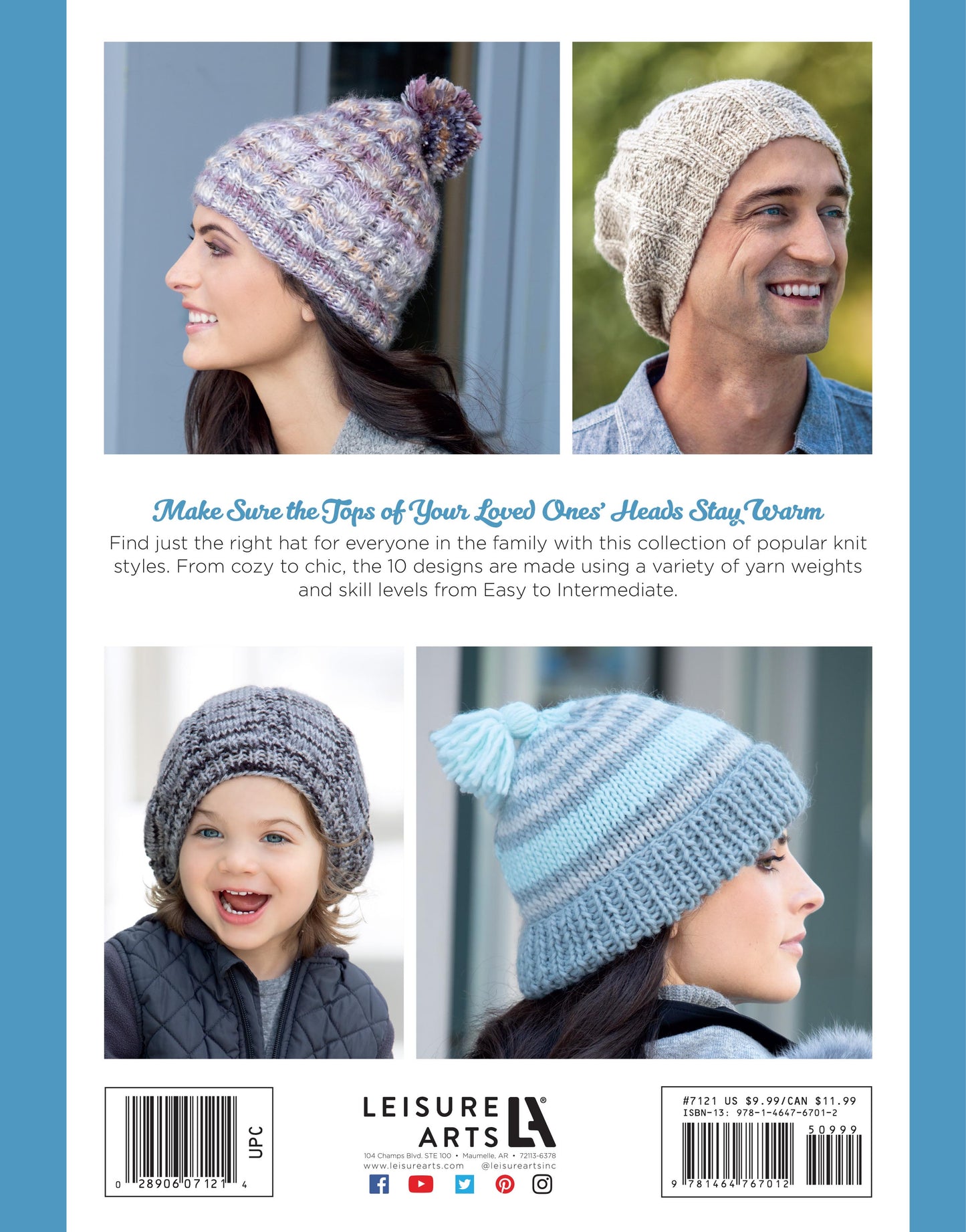 Models showcase Leisure Arts’ “Hats for the Family”: a woman in purple and grey, a man in beige, a child in black with a pom-pom, and a blue-grey striped pom-pom hat shown from behind.