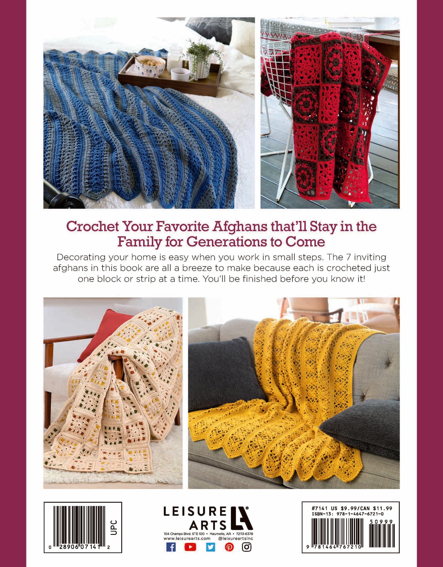 Back cover of Leisure Arts' "Blocks and Stripes—7 Cozy Projects Using Easy Granny Squares & Strips," showing beginner afghans: a blue striped blanket, red granny square throw, cream open-work, gold lace ripple, plus text and barcodes.